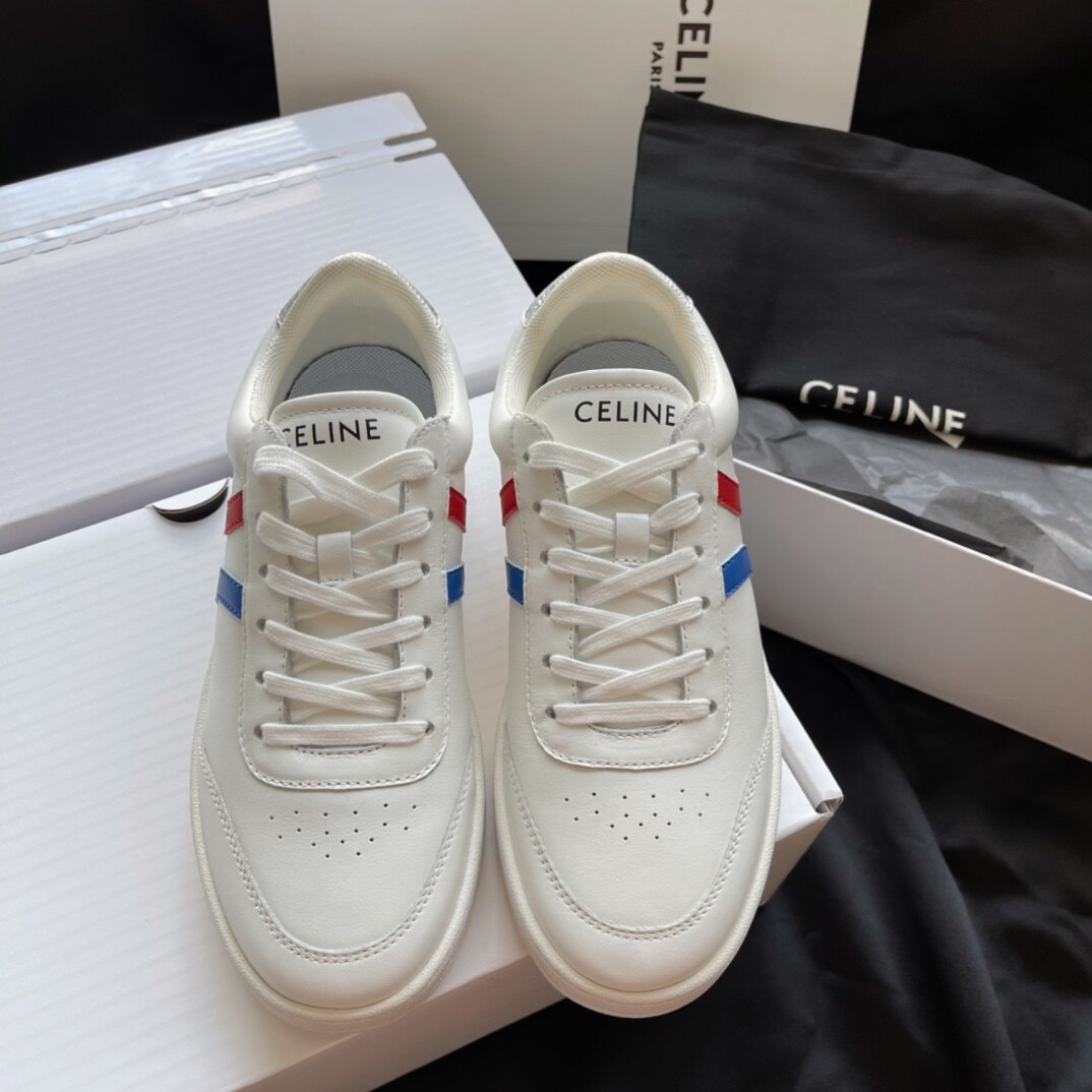 Celine  White Leather Red Blue Stripe Lace-Up Flat Low Top Sneakers