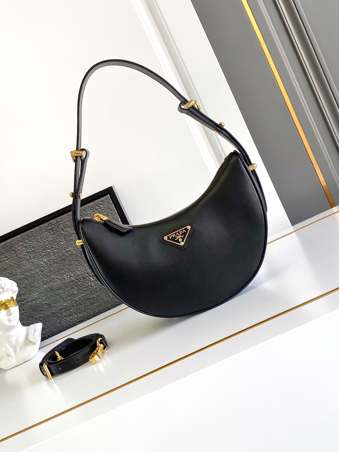 Prada Prada Black Smooth Leather Moon Underarm Shoulder Bag Triangle Logo