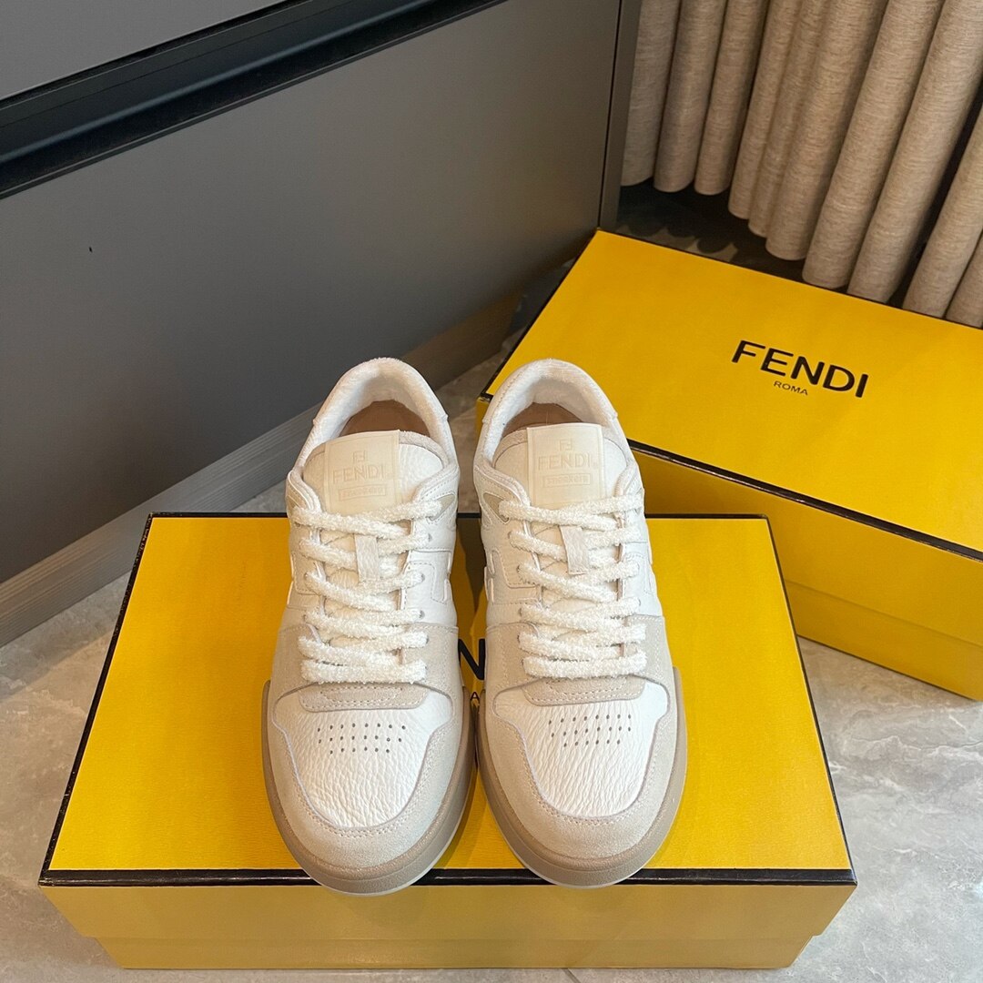 Fendi Off White Pebbled Leather Beige Suede Fuzzy Lace Platform Casual Sneakers