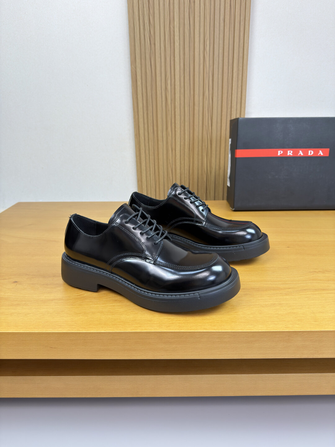 Prada  Black Polished Leather Chunky Sole Lace-Up Derby Dress Shoes For Men