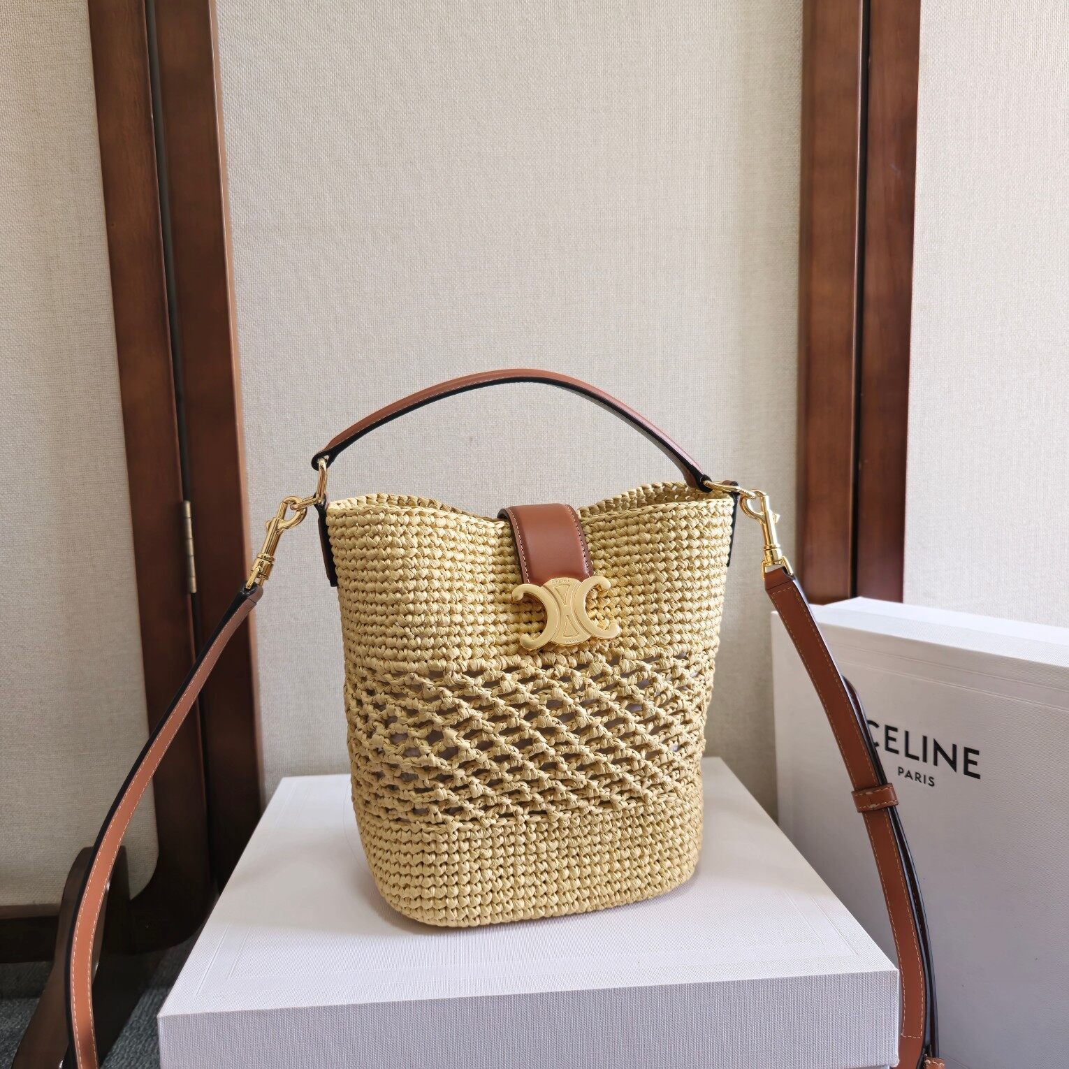 Celine Triomphe Hollow Raffia Woven Bucket Shoulder Crossbody Bag