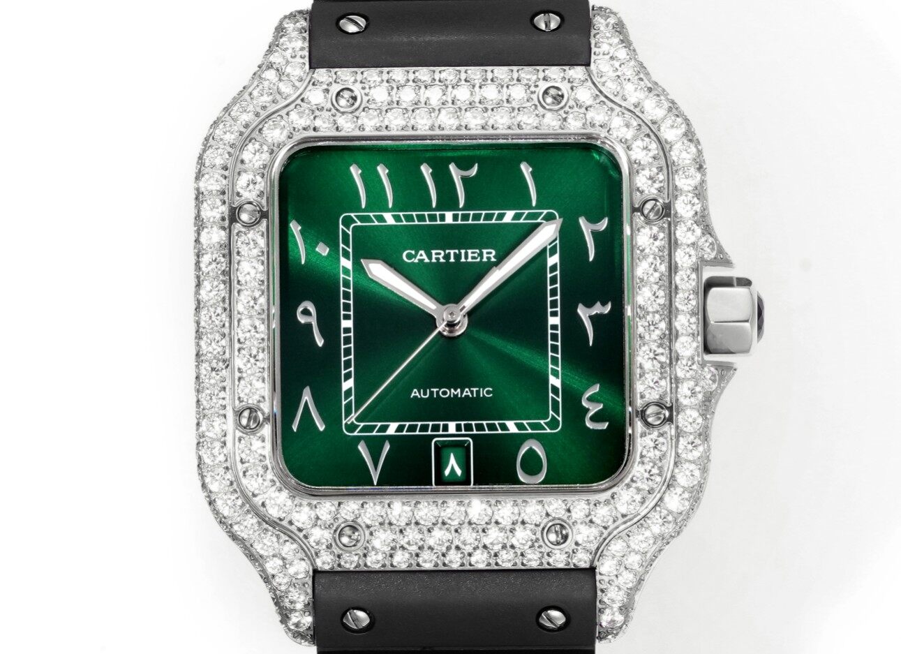 Cartier Cartier Santos Steel Full Diamond Green Dial Arabic Numeral Rubber Strap Automatic Watch