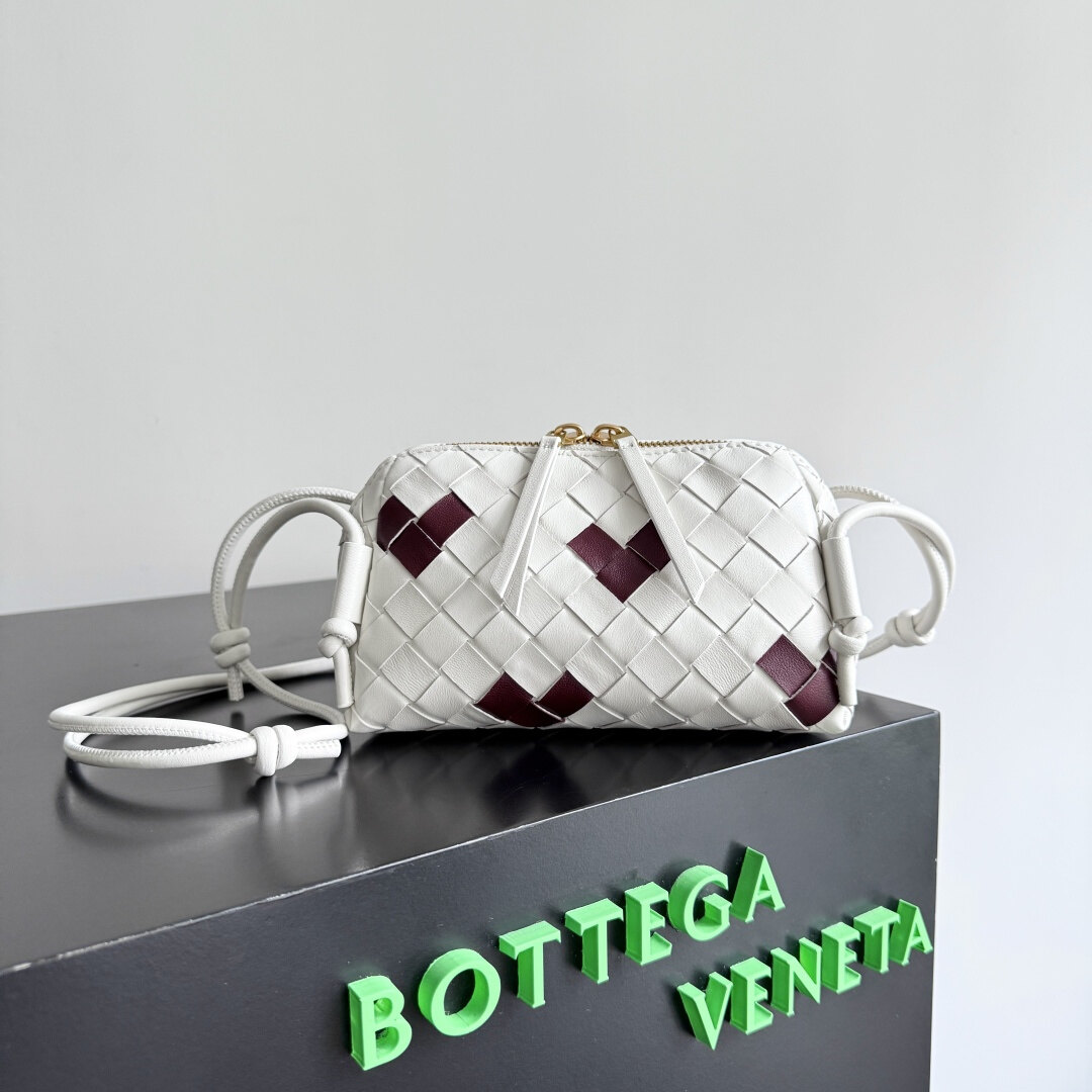 Bottega Veneta White & Burgundy Intrecciato Woven Mini Zip Crossbody Pouch