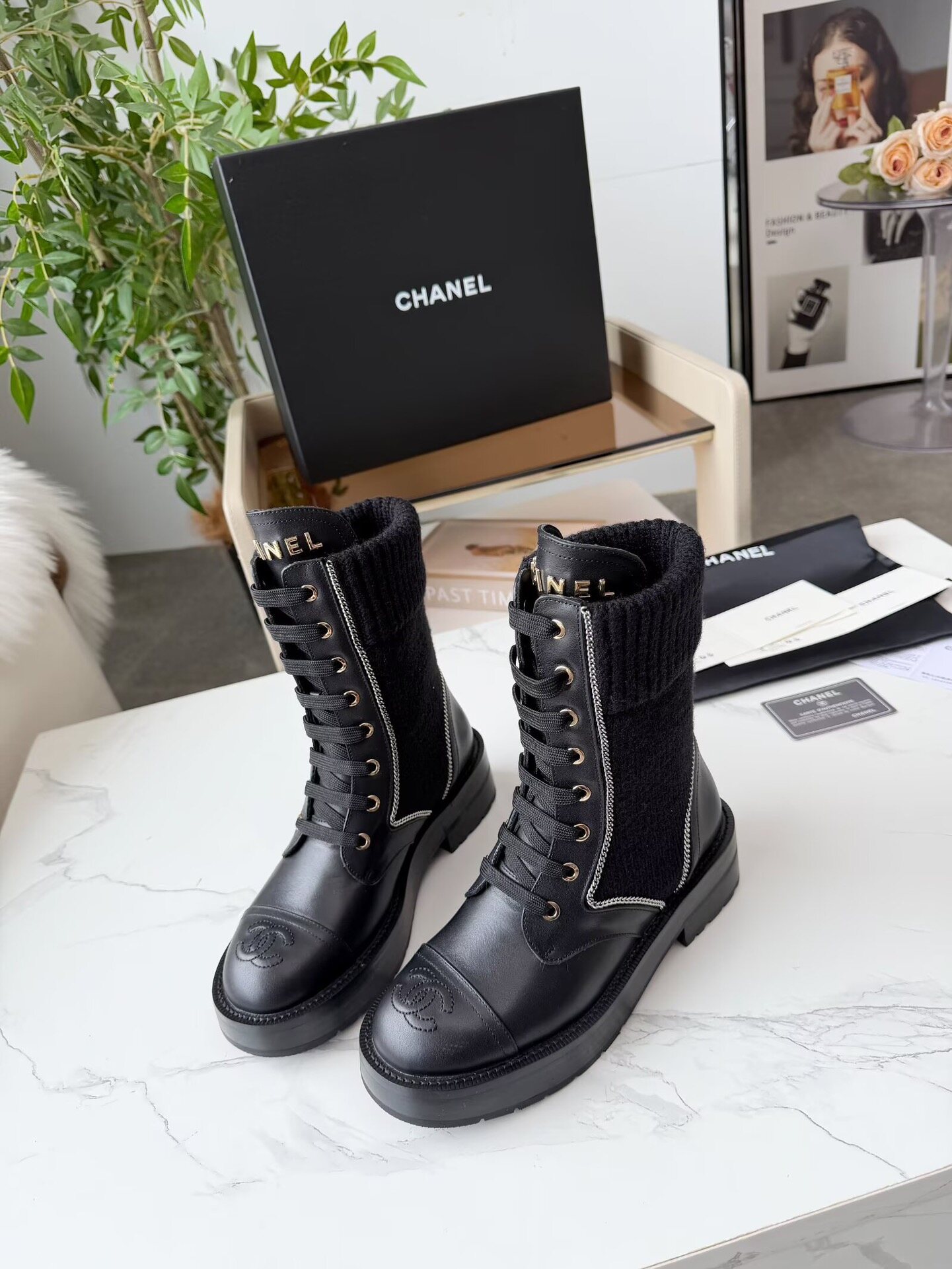 Chanel Black Smooth Leather Knit Panel Metal Letter CC Platform Lace-Up Ankle Boots