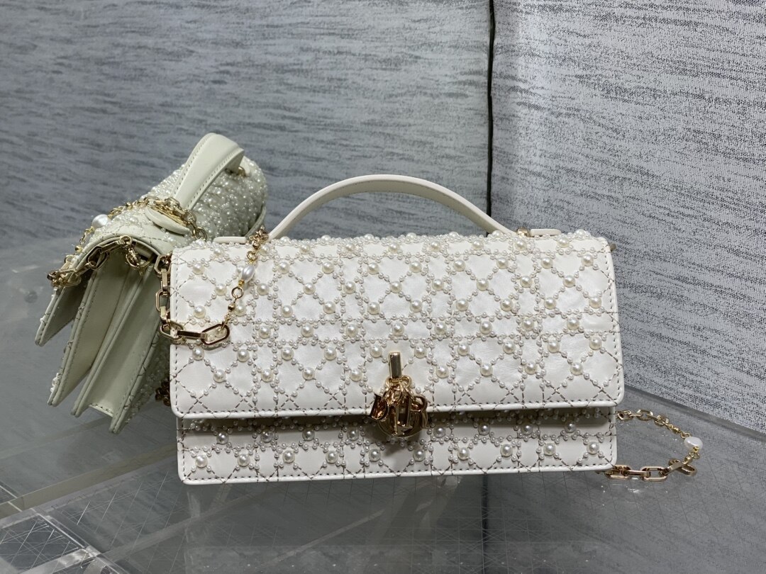 Dior  Dior White Cannage Pearl Embroidery Mini Lady Handbag