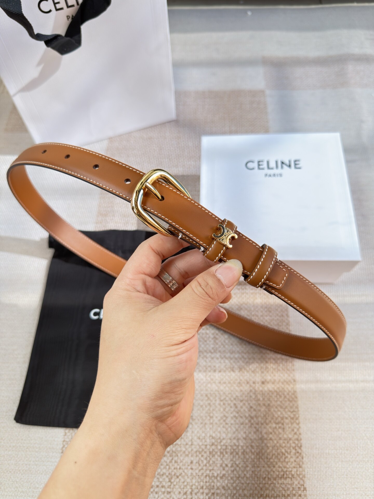 Celine Celine Triomphe Detail Thin Tan Leather Belt