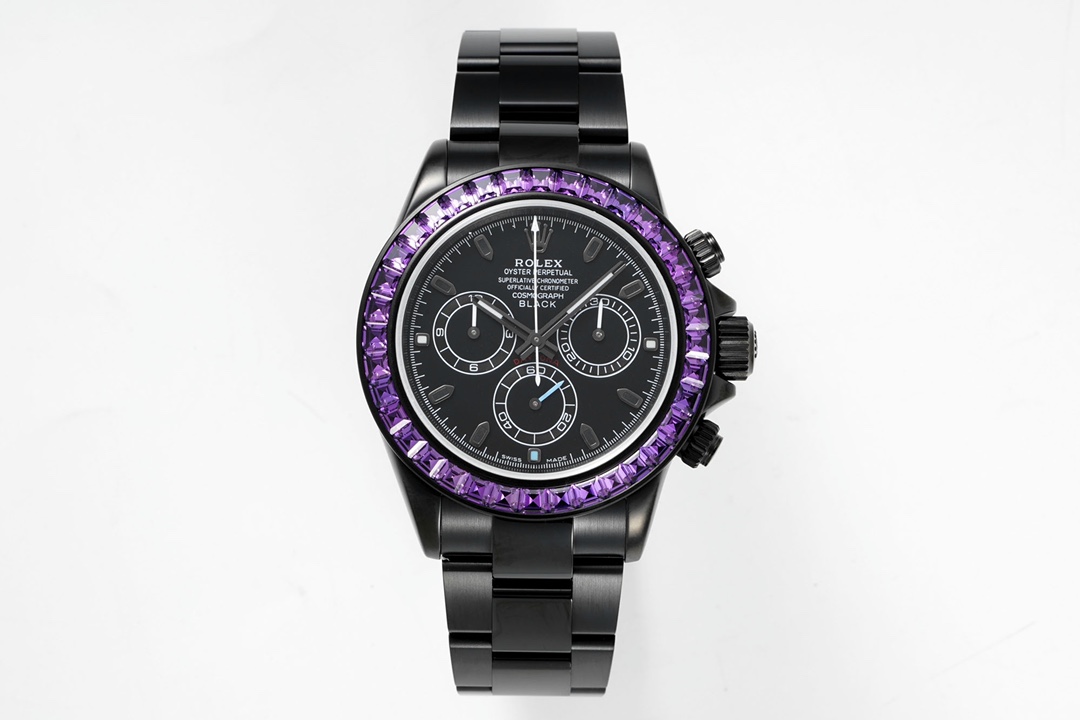 Rolex Rolex Cosmograph Daytona Black Coated Case Purple Baguette Gem Bezel Black Dial Chronograph Watch