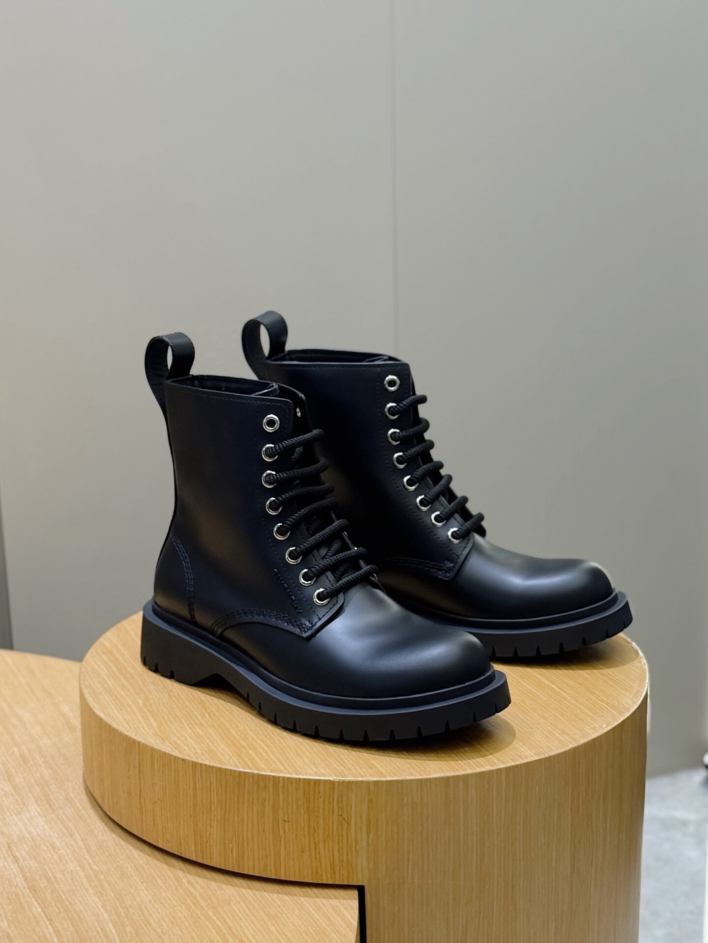 Celine  Black Smooth Leather Lug Sole Lace-Up Elevated Mid Calf Combat Boots