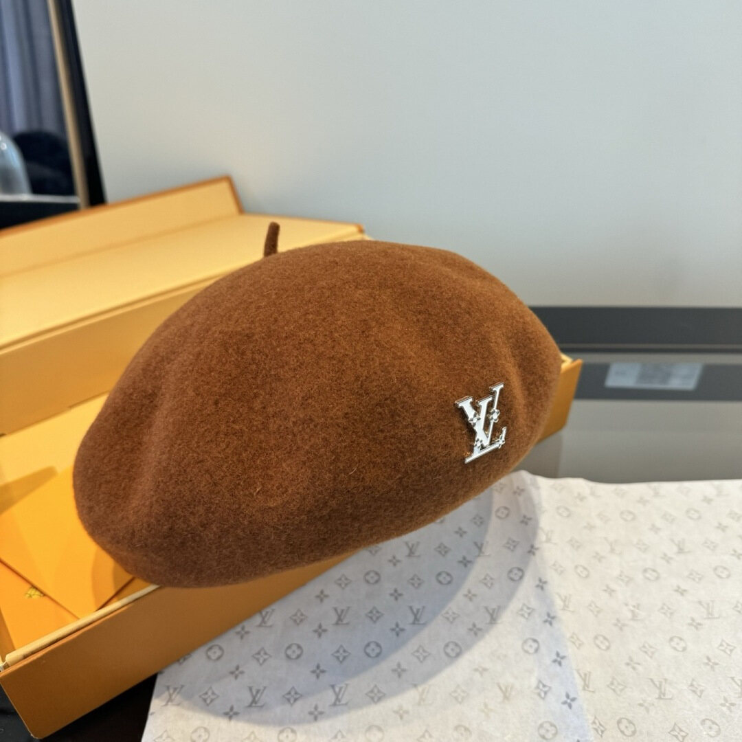 Louis Vuitton LV Brown Wool Metal‑Logo Beret