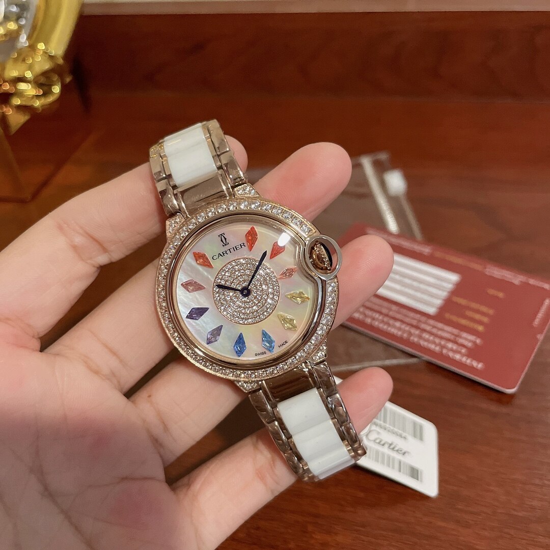 Cartier  Cartier Ballon Bleu Rose Gold Diamond Bezel Rainbow Gem MOP Dial White Ceramic Bracelet Ladies Watch