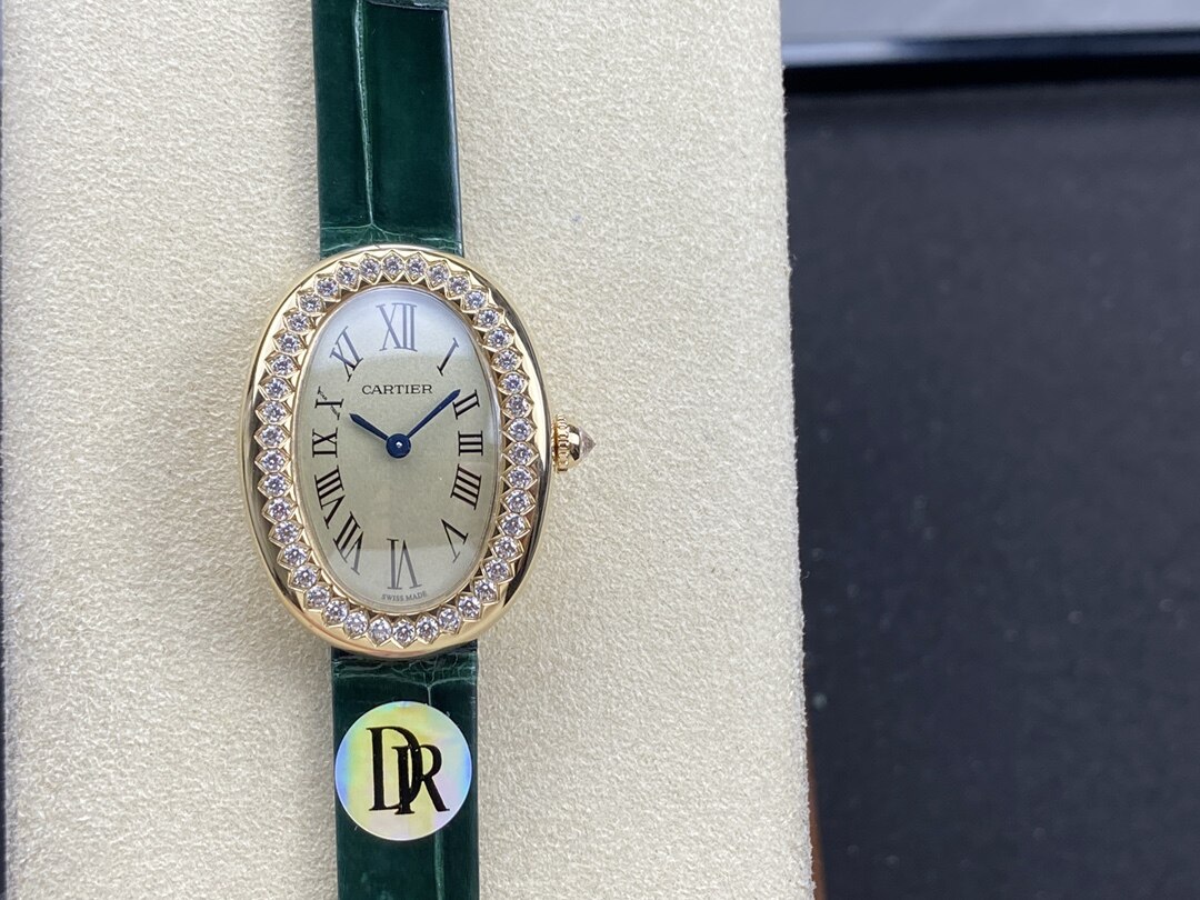 Cartier Cartier Baignoire Yellow Gold Diamond Bezel Cream Dial Dark Green Alligator Ladies Watch