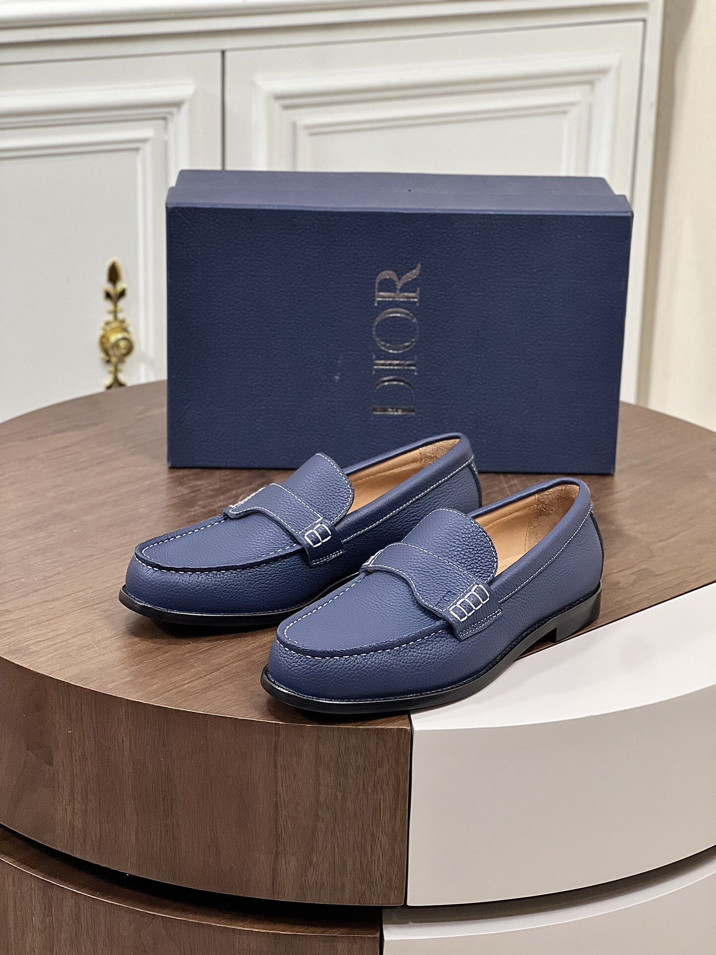 Dior  Navy Pebbled Leather CD Metal Buckle Slip-On Penny Flat Men Loafers