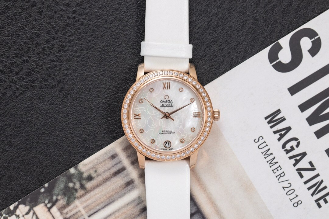 Omega Omega De Ville Rose Gold MOP Dial Diamond Bezel White Leather Women Watch