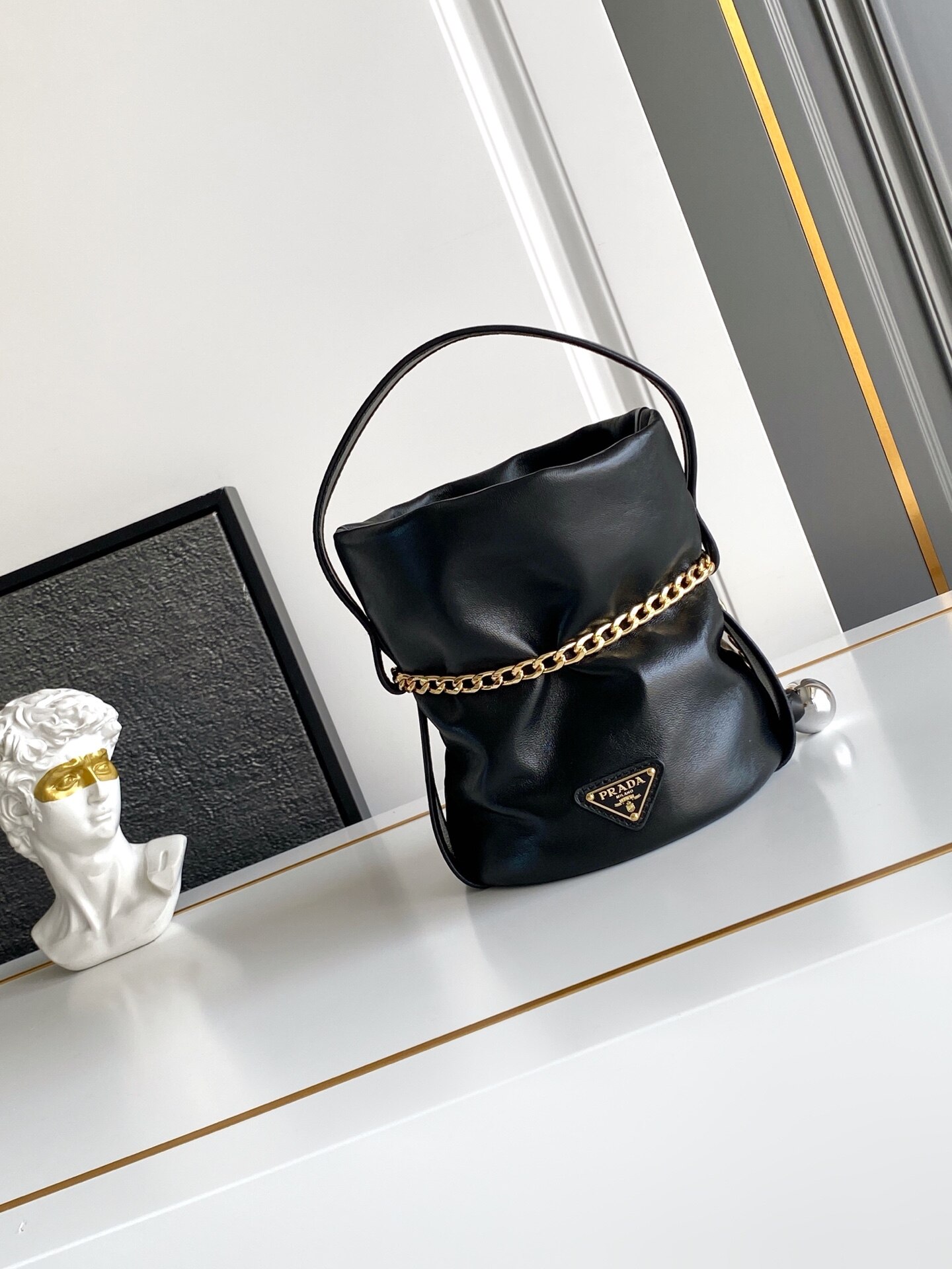 Prada Prada Black Soft Leather Chain Drawstring Mini Bucket Bag