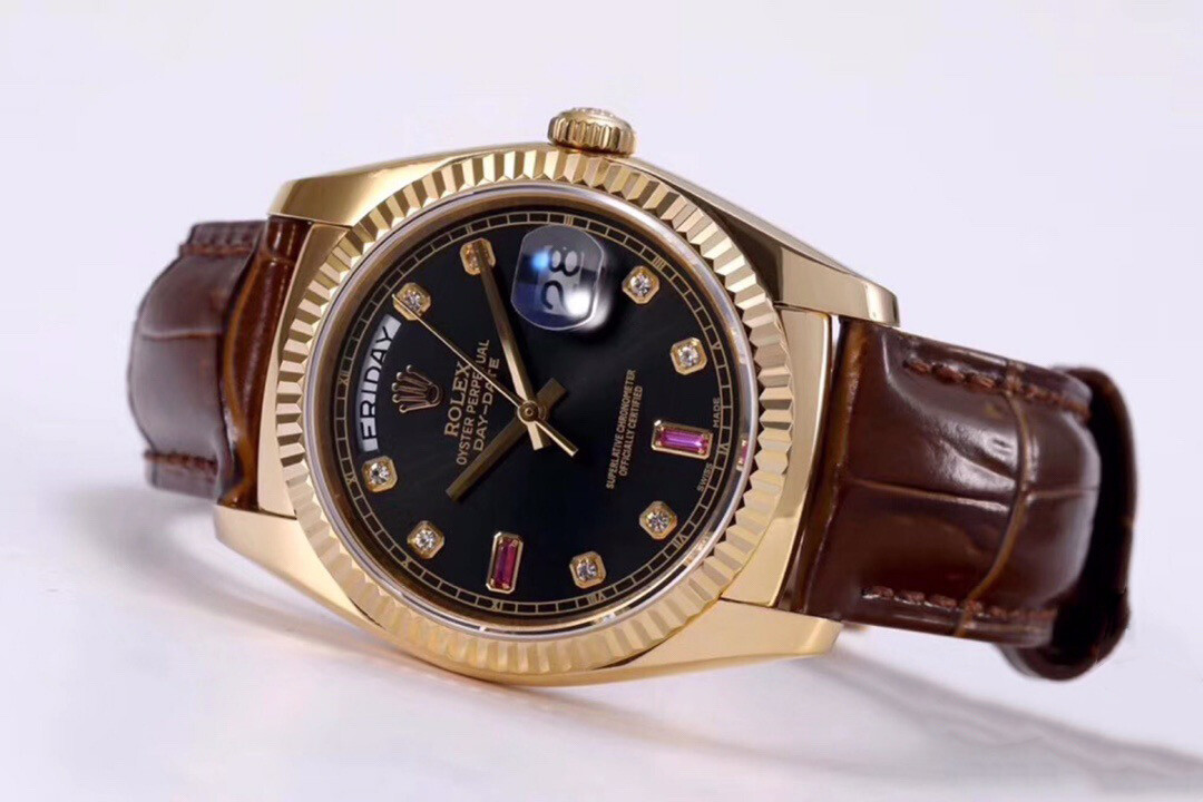 Rolex Rolex Day-Date 18K Yellow Gold Black Dial Ruby & Diamond Markers Fluted Bezel Brown Leather Strap Wa