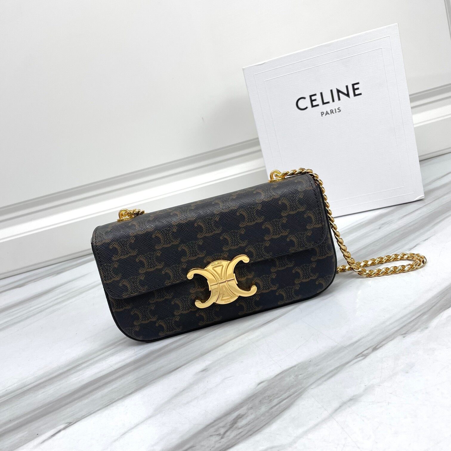 Celine Classic Triomphe Monogram Canvas Chain Shoulder Crossbody Bag
