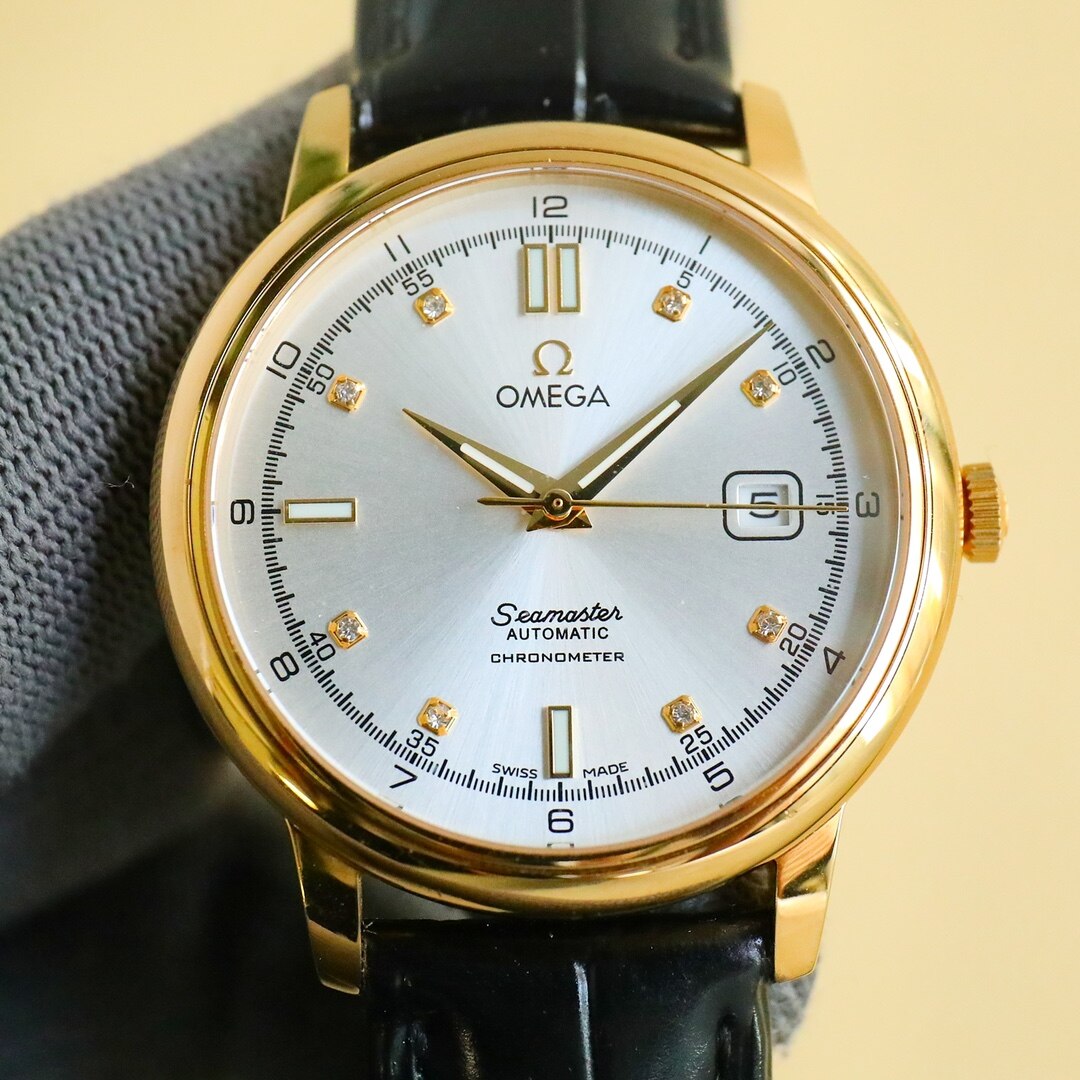 Omega Omega Seamaster Solid Gold Silver Dial Diamond Markers Black Alligator Automatic Watch