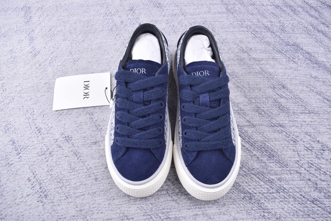Dior Navy Suede Oblique Jacquard Canvas Thick Rope Lace Platform Low Top Sneakers