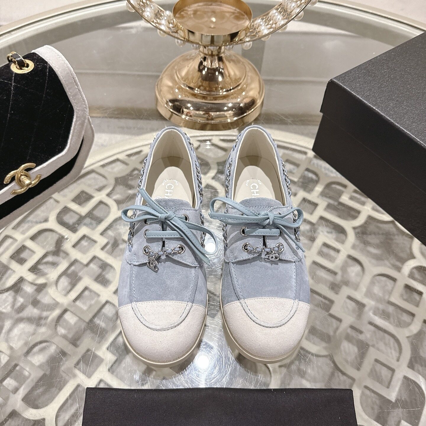 Chanel Light Blue White Two-Tone Suede Metal Chain CC Lace-Up Flat Shoes