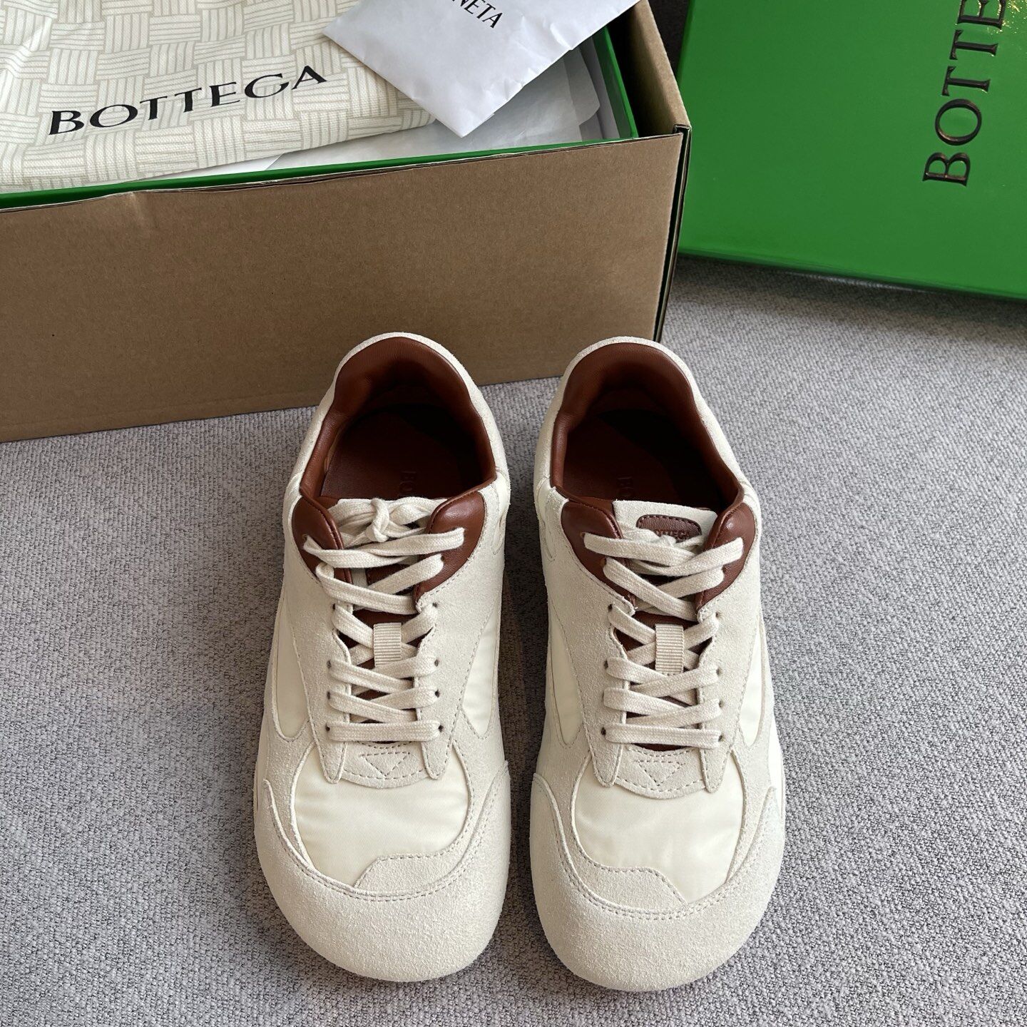 Bottega Veneta Off White Suede Nylon Brown Leather Lining Lace-Up Retro Trainer Flat Sneakers