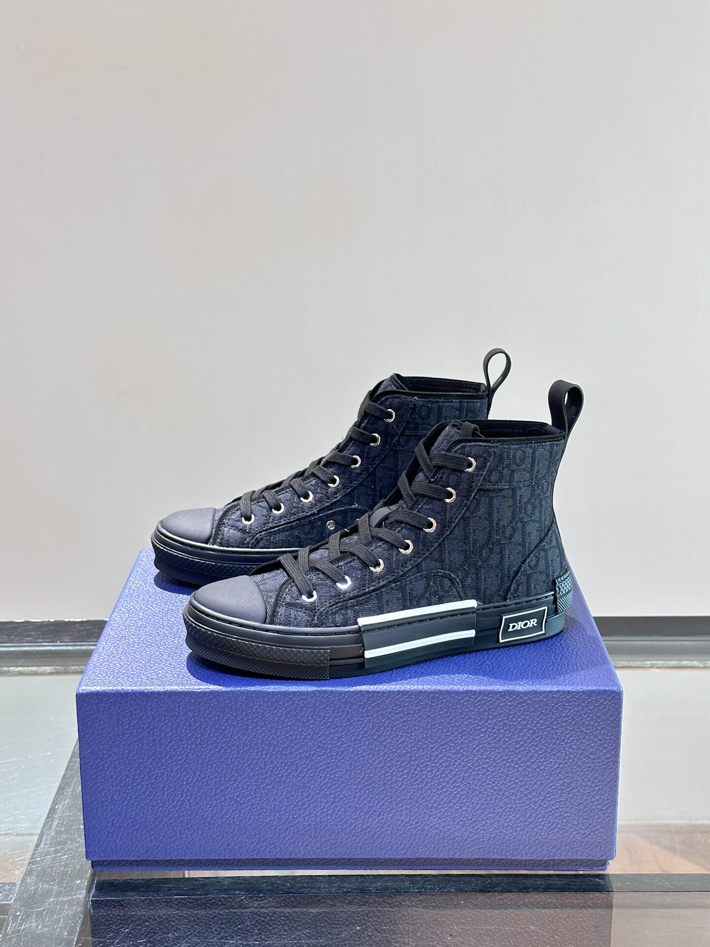Dior Black Oblique Monogram Canvas Black White Stripe Platform High Top Sneakers