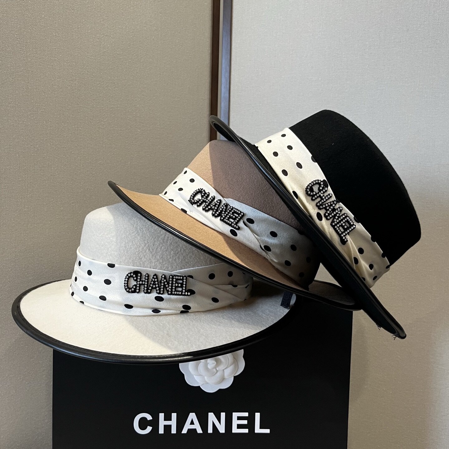 Chanel Chanel Polka‑Dot Ribbon Multi‑Color Wool Flat‑Top Fedora Hat