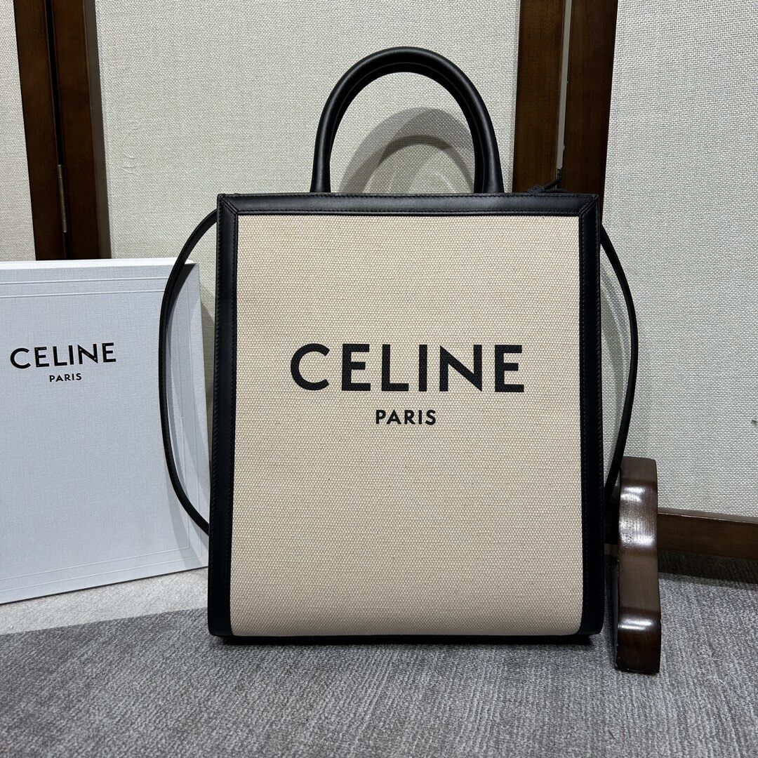 Celine Beige Canvas & Black Leather Vertical Logo Mini Tote Handbag