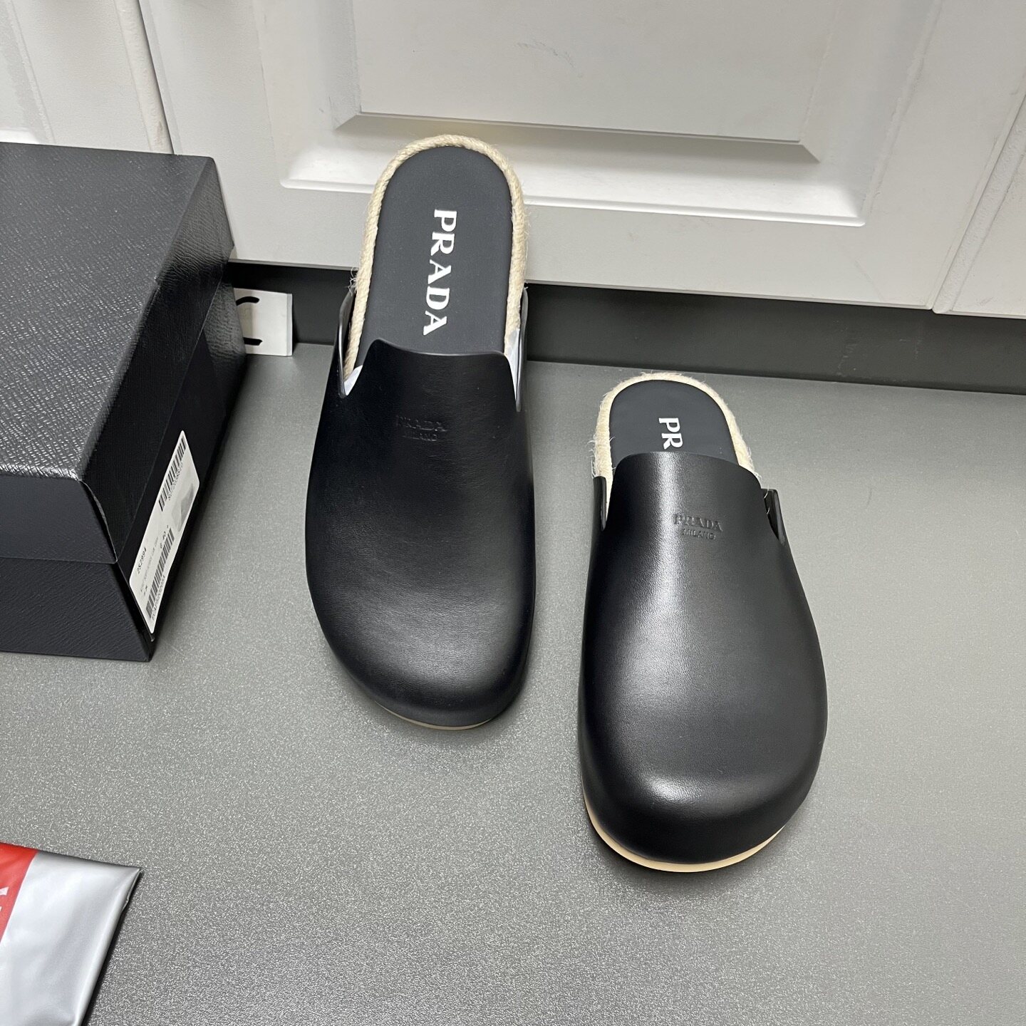 Prada Black Smooth Leather Jute Trim Backless Mule Clogs