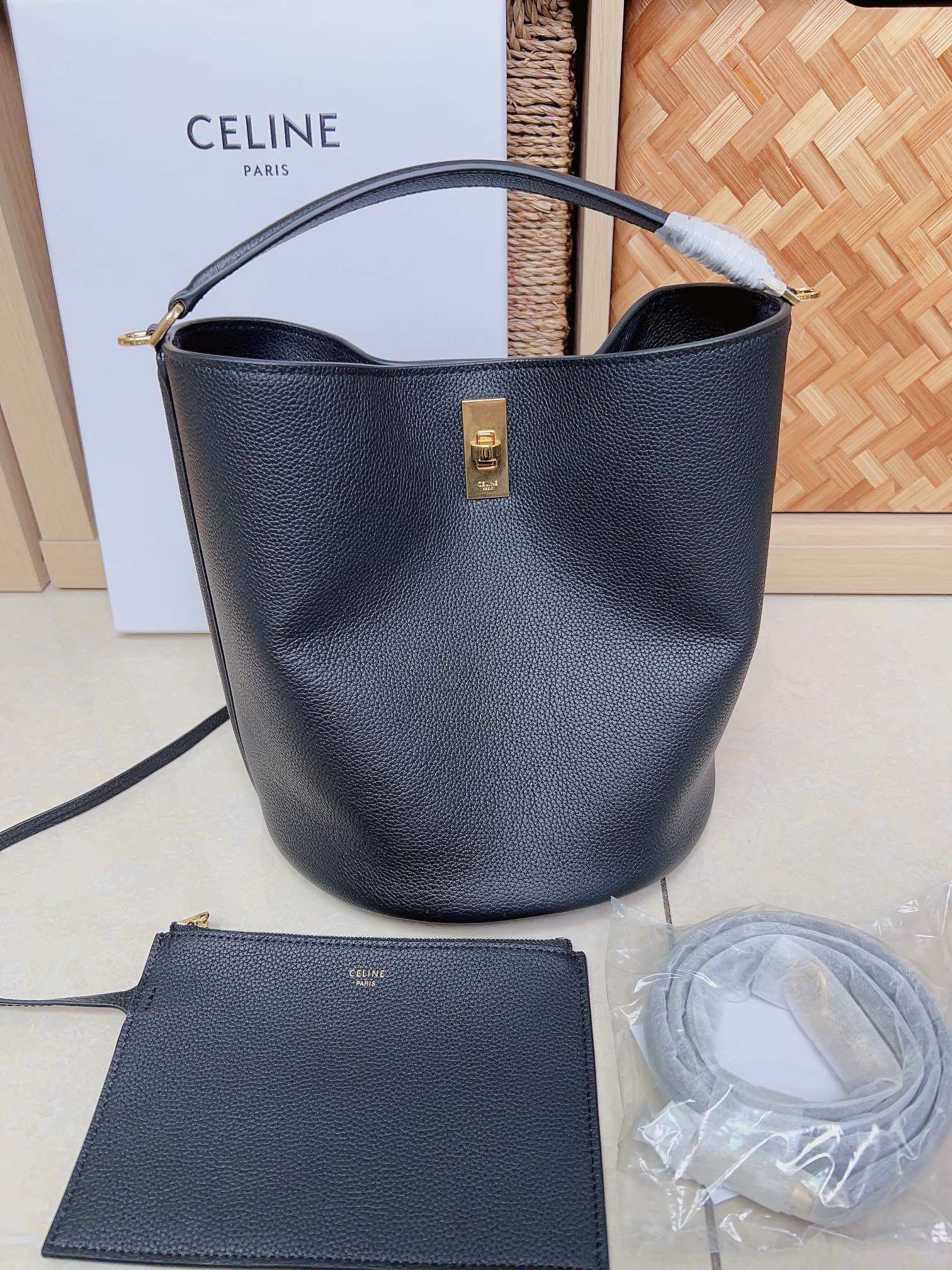 Celine Black Grained Leather Gold Lock Bucket Bag With Detachable Pouch