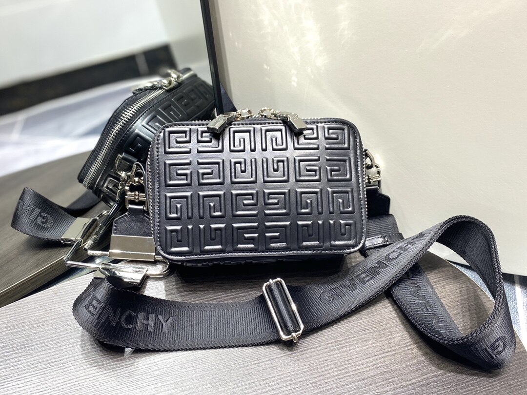 Givenchy Black Full Embossed 4G Leather Zip Camera Bag With Logo Webbing Strap
