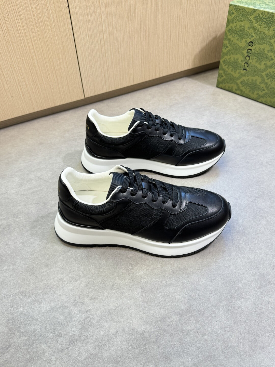 Gucci Black Smooth Leather Dark GG Monogram White Platform Retro Sneakers