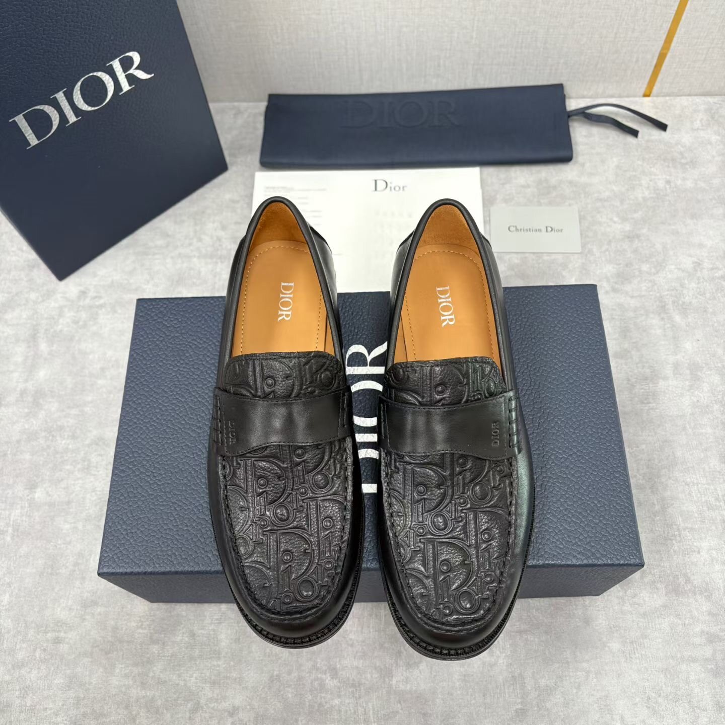 Dior  Black Leather All Over Oblique Embossed Penny Slip-On Flat Business Loafers