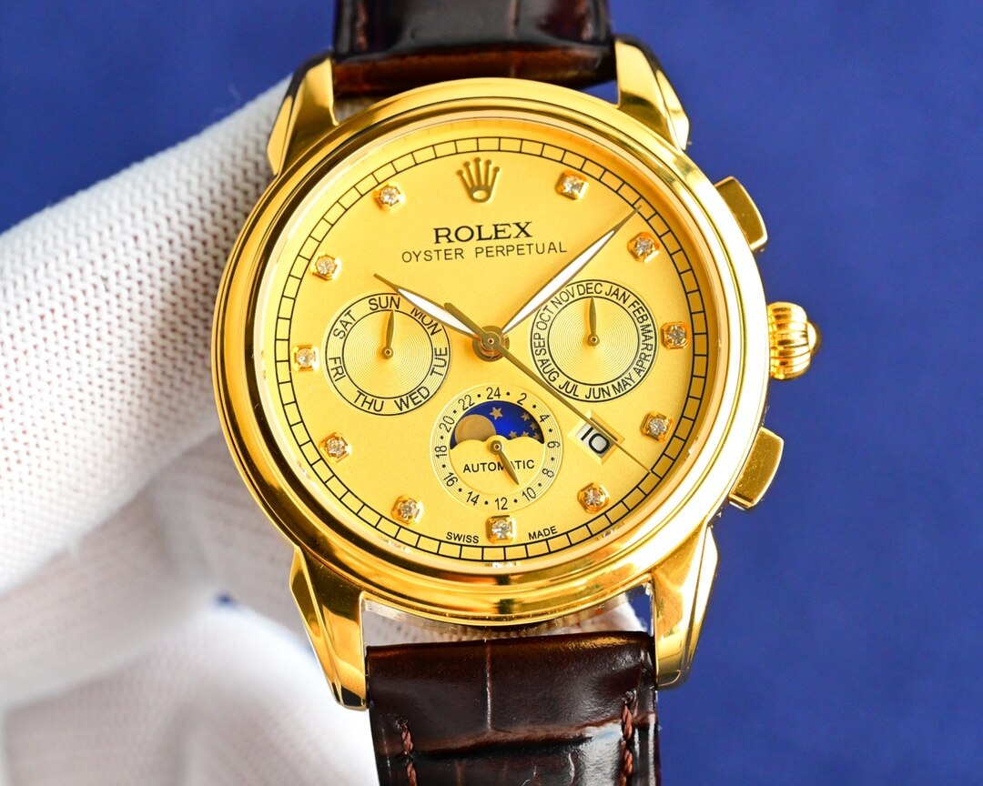 Rolex Rolex Multi-Function Moonphase Chronograph Yellow Gold Diamond Dial Brown Alligator Leathe