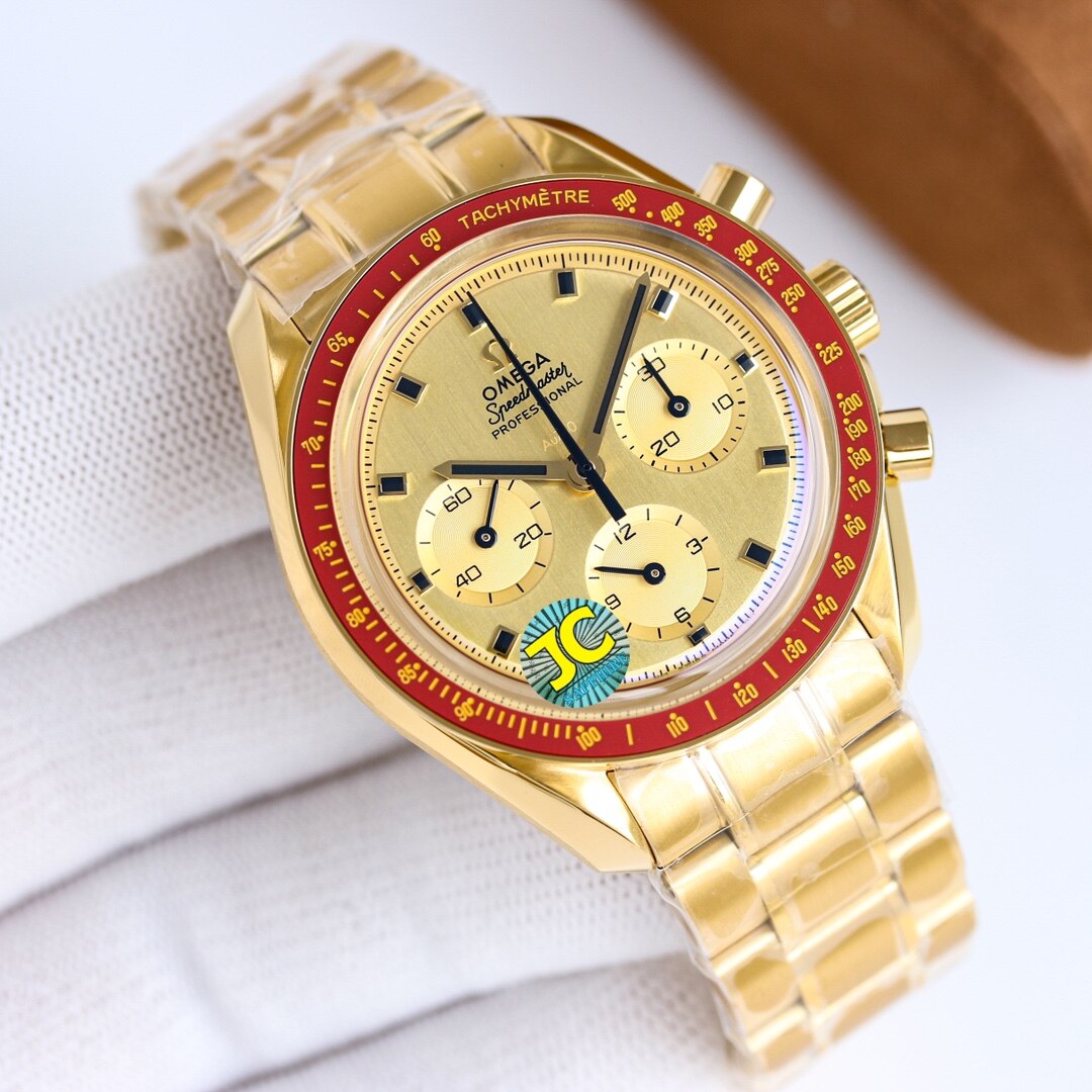 Omega Omega Speedmaster Yellow Gold Champagne Dial Red Bezel Bracelet Chronograph Men's Watch