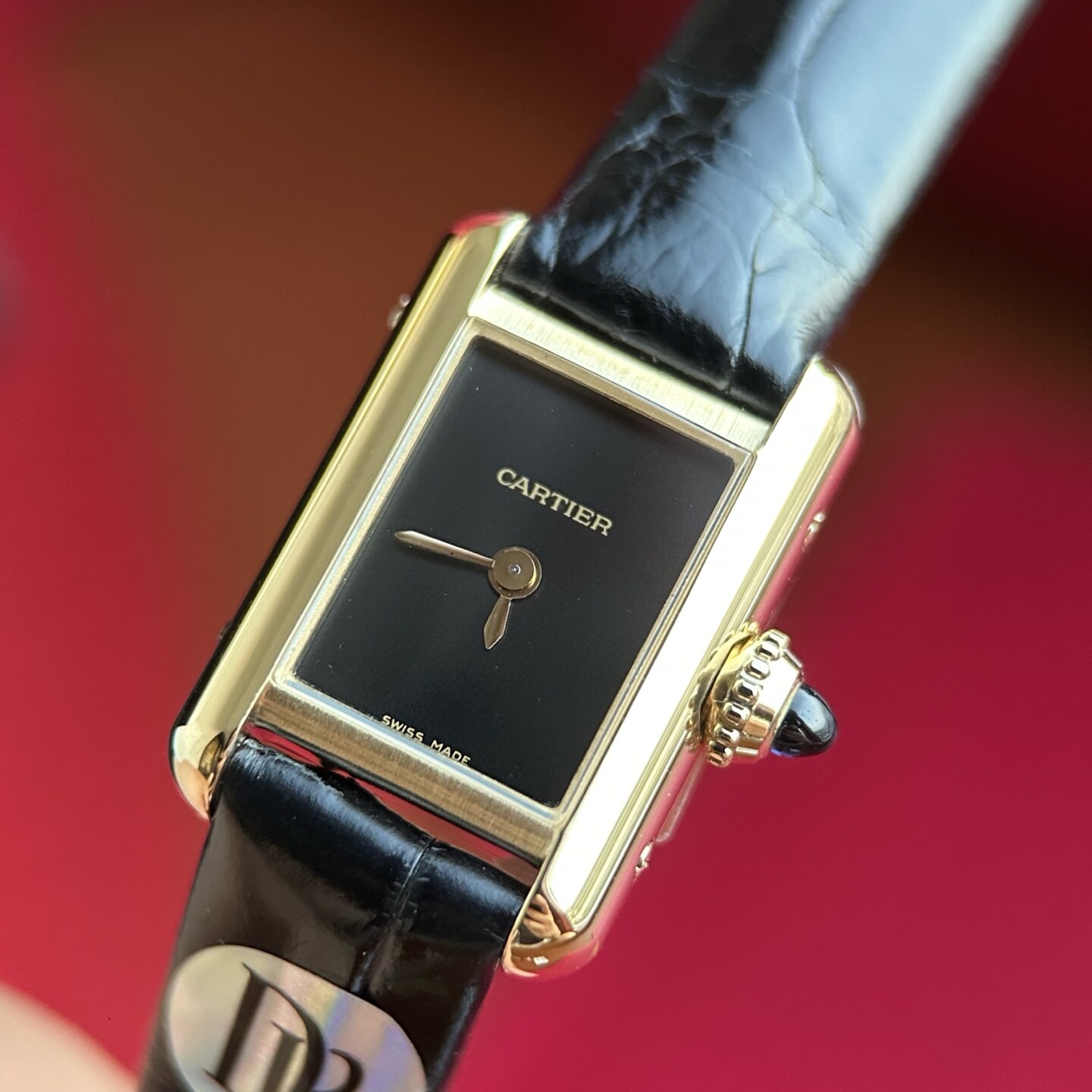Cartier  Cartier Tank Yellow Gold Black Dial Black Alligator Leather Ladies Square Watch