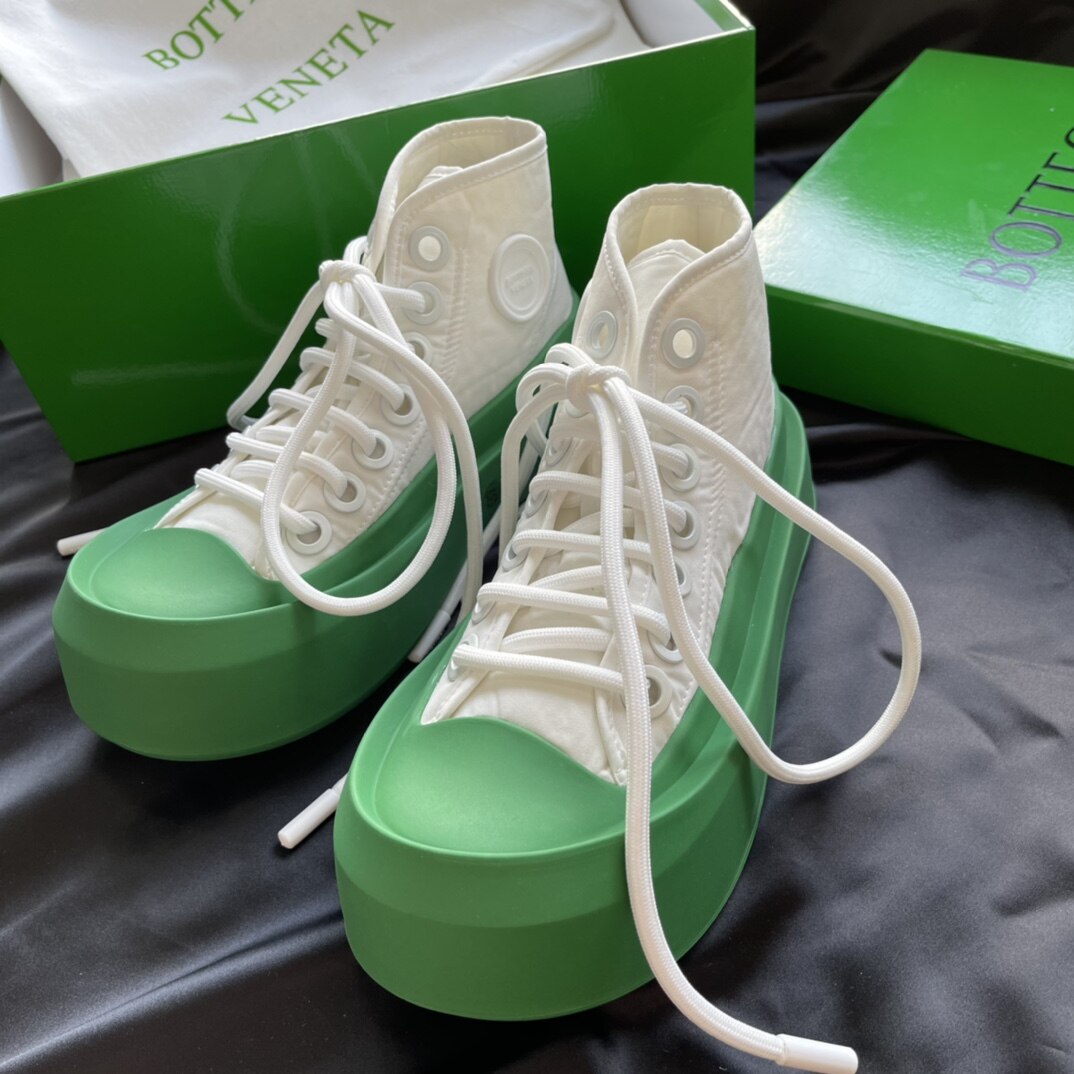 Bottega Veneta  White Green Contrast Nylon Platform Lace-Up High Top Canvas Sneakers