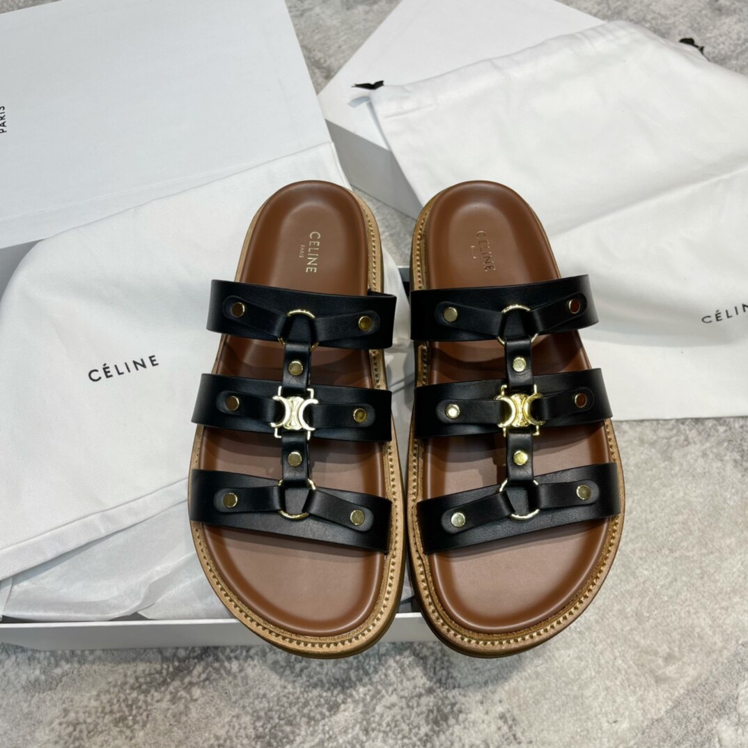 Celine  Black Leather Triomphe Hardware Three Strap Rivet Flat Slide Sandals