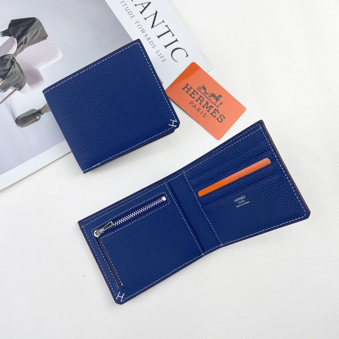 Hermès Royal Blue Togo Leather H Stitch Multi Card Zip Bi-Fold Wallet
