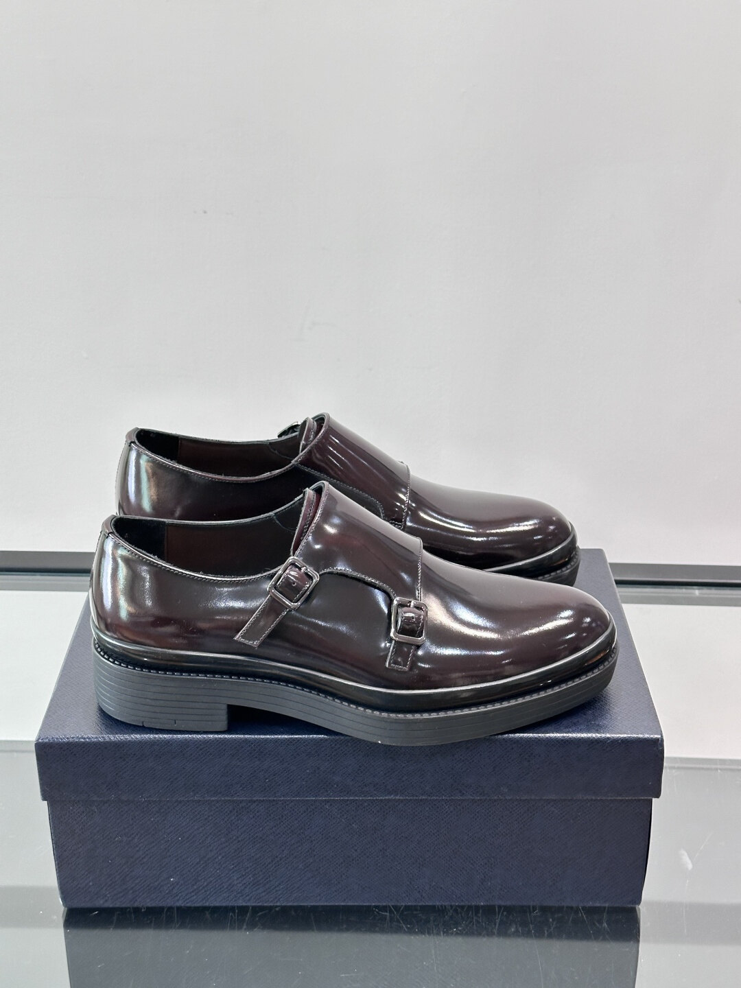 Prada Burgundy Polished Leather Double Monk Strap Platform Dress Shoes