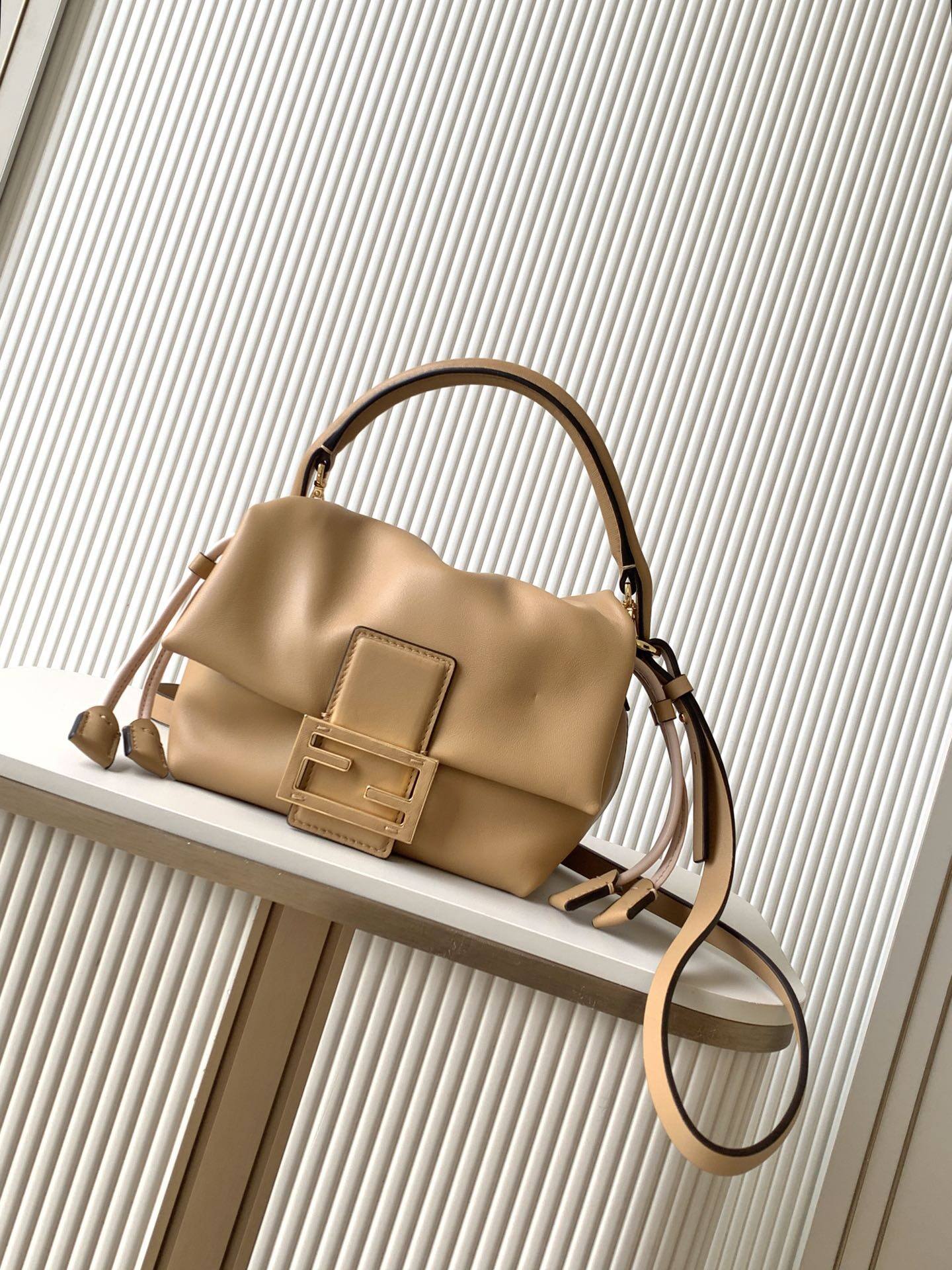 Fendi Fendi Beige Crinkled Soft Lambskin Baguette Flap Handbag Crossbody Bag