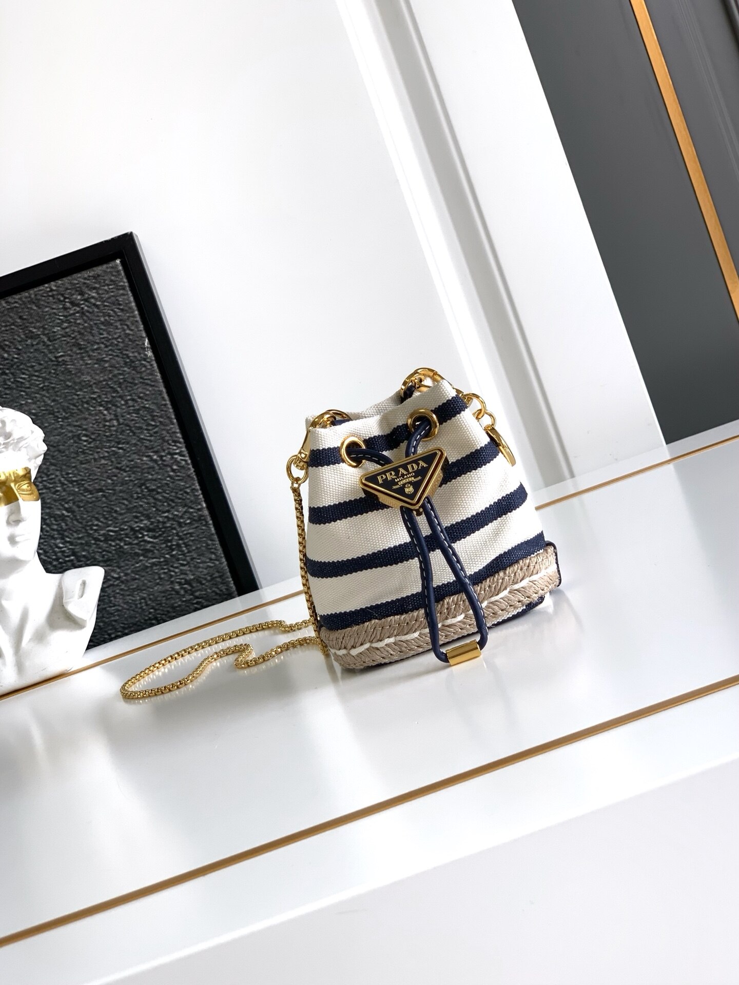 Prada Prada Navy Striped Canvas Mini Drawstring Bucket Chain Crossbody Bag