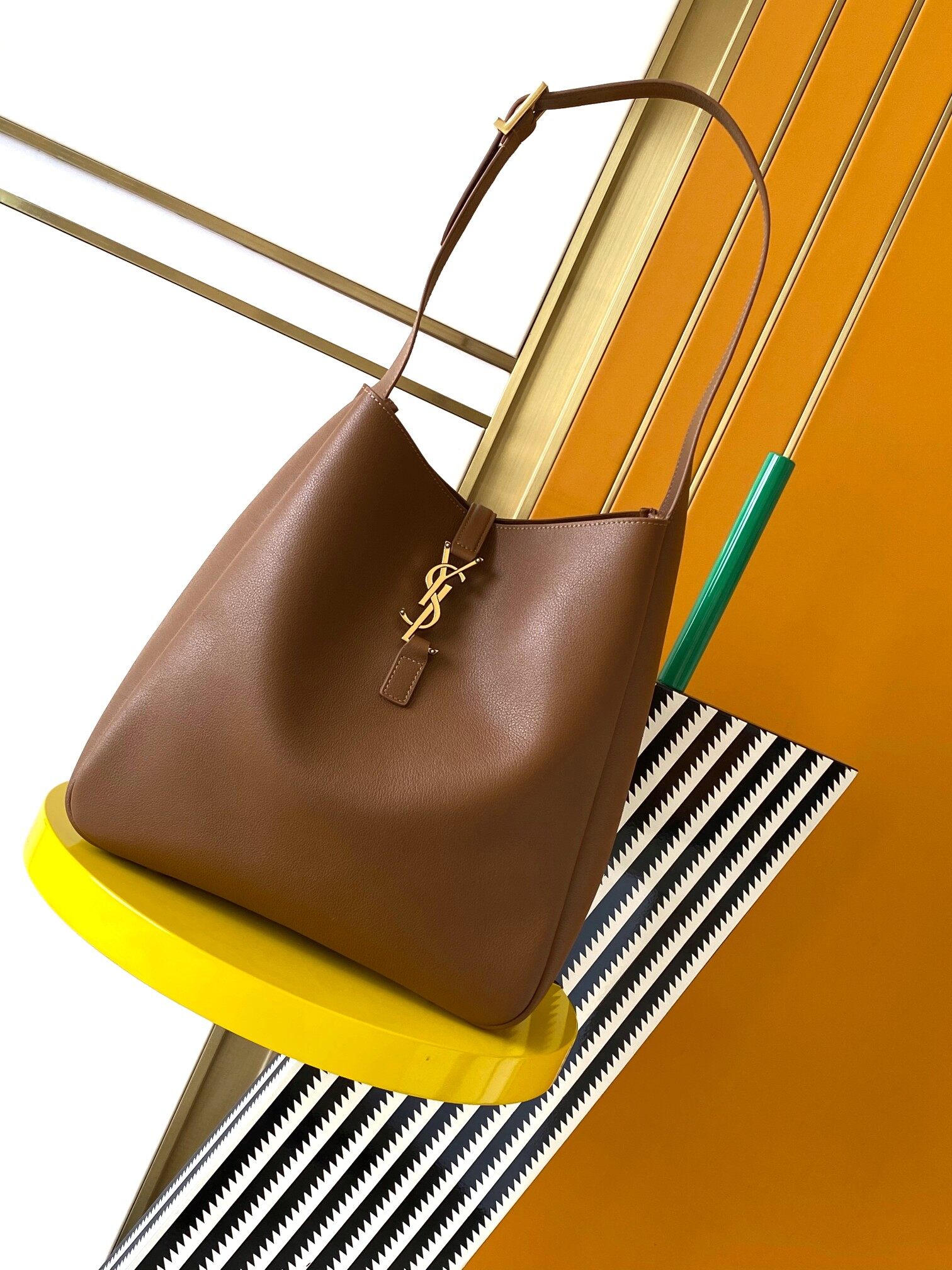 Saint Laurent  Saint Laurent Caramel Brown Smooth Leather Gold Logo Hobo Bucket Tote Bag