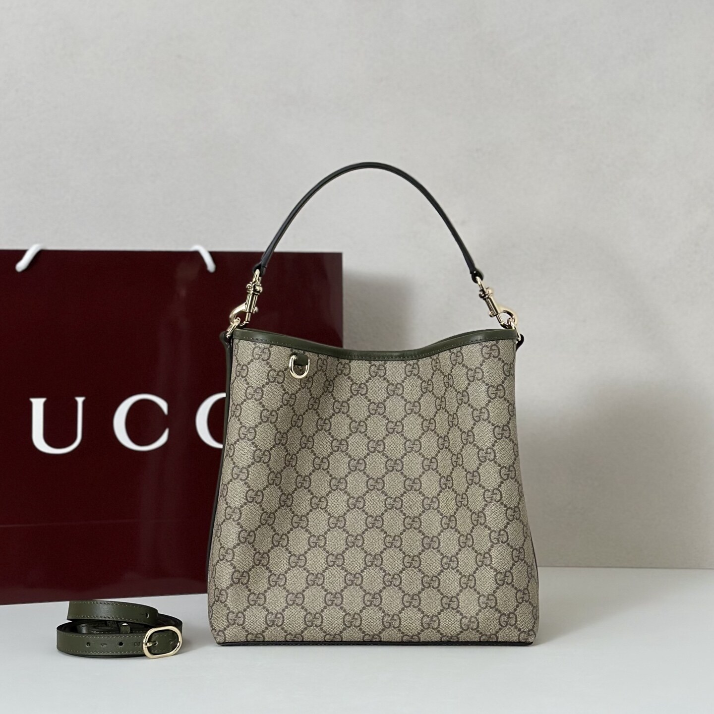 Gucci Gucci GG Supreme Bucket Bag with Green Trim & Strap