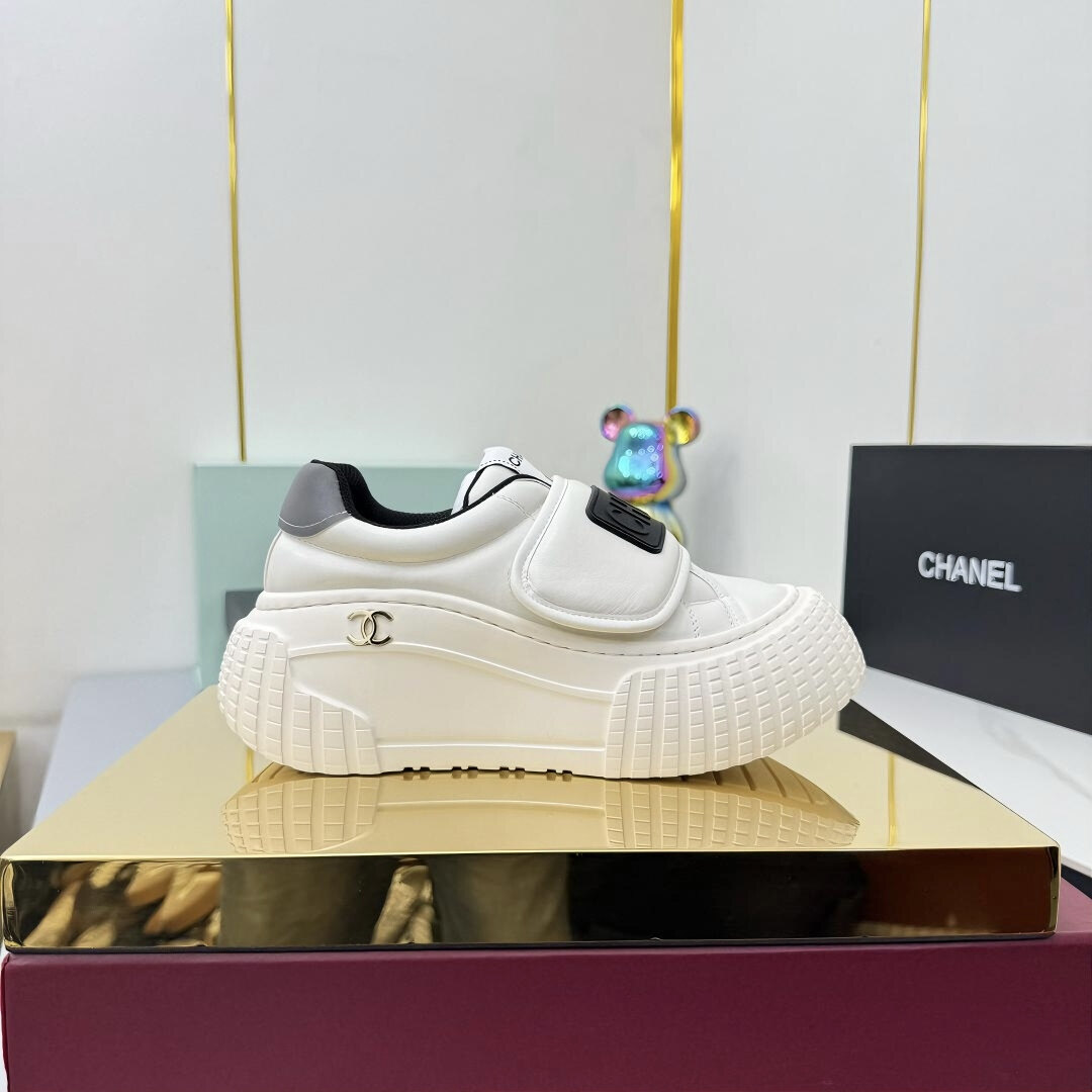 Chanel  White Smooth Leather Strap Velcro Metal CC Platform Slip-On Sneakers