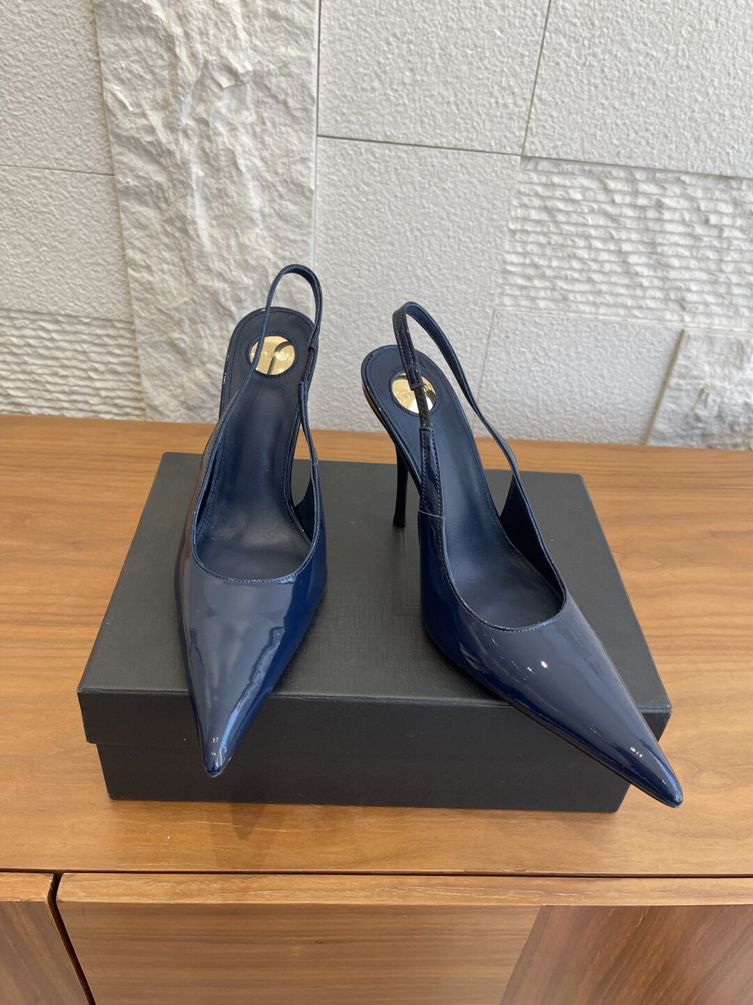 Saint Laurent Navy Gloss Patent Leather Pointed Toe Thin Strap Slingback Stiletto Mules