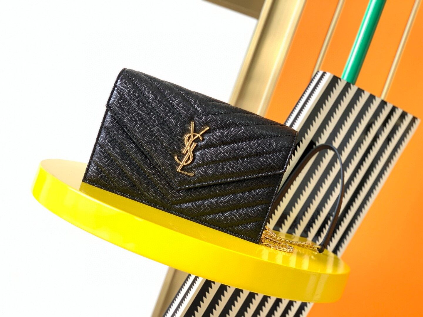 Saint Laurent Saint Laurent Black Caviar V-Quilt Gold Logo Chain WOC Wallet On Chain