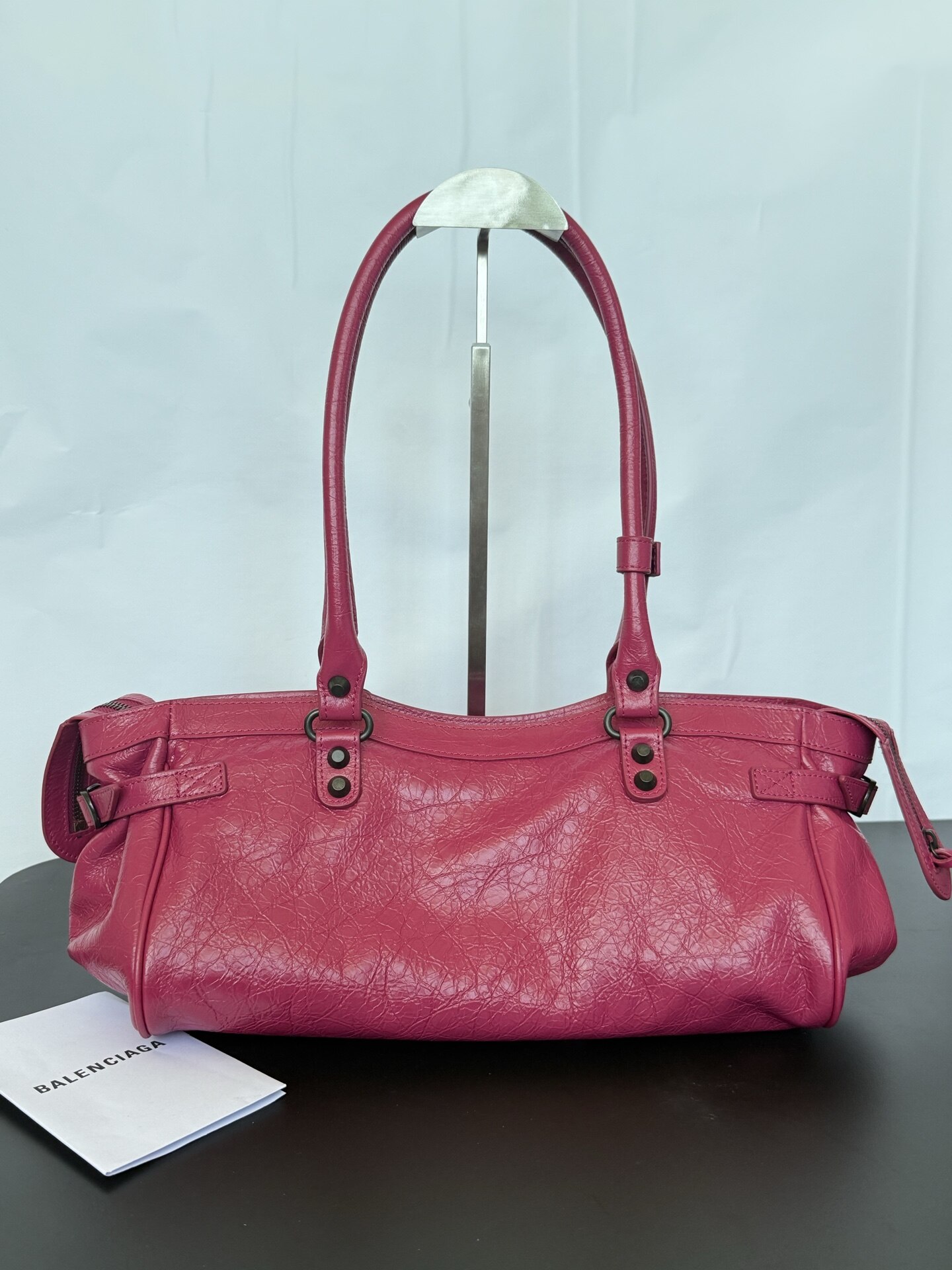 Balenciaga Fuchsia Crinkled Wax Leather Long Motocross Stud Shoulder Bag