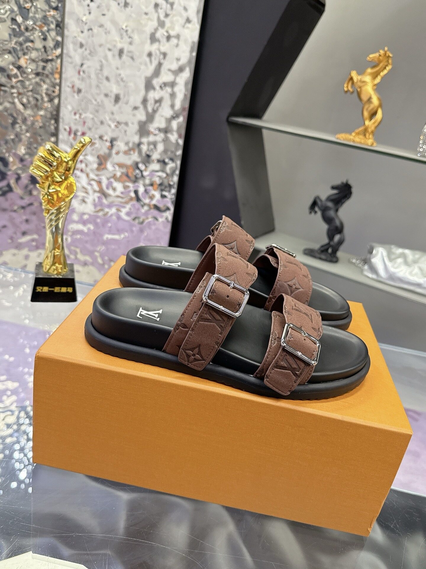Louis Vuitton Brown Monogram Embossed Leather Double Buckle Flat Slide Sandals
