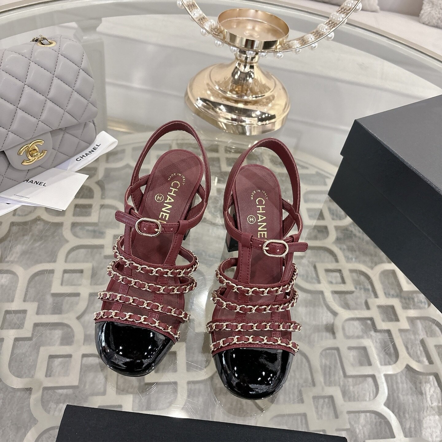 Chanel Burgundy Black Patent Multi Gold Chain Block Heel Slingback Sandals