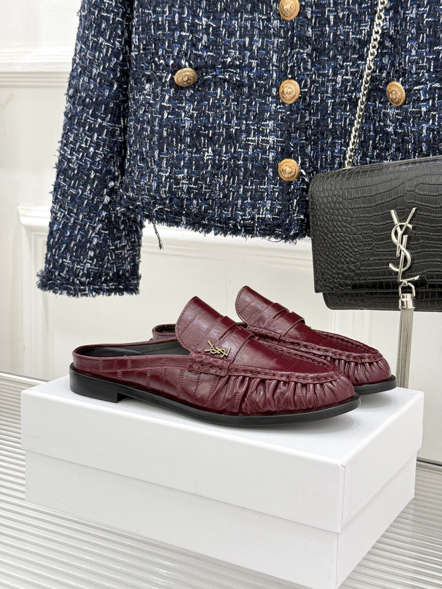Saint Laurent Burgundy Croc Embossed Ruched Penny Backless Mule Loafers